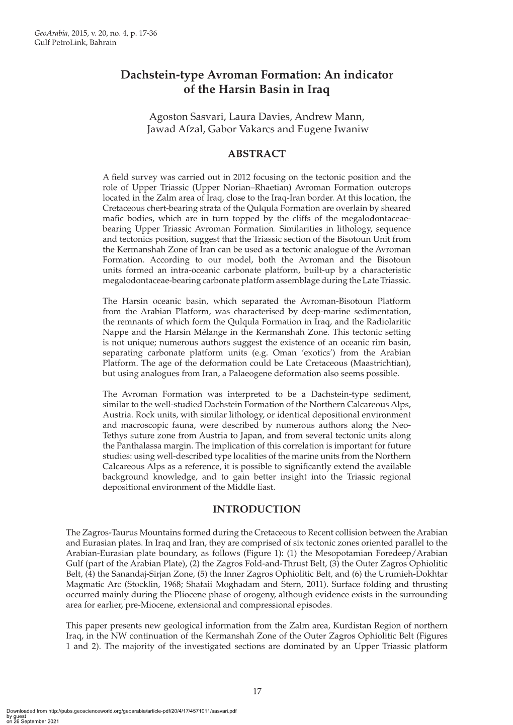 Dachstein-Type Avroman Formation: an Indicator of the Harsin Basin in Iraq