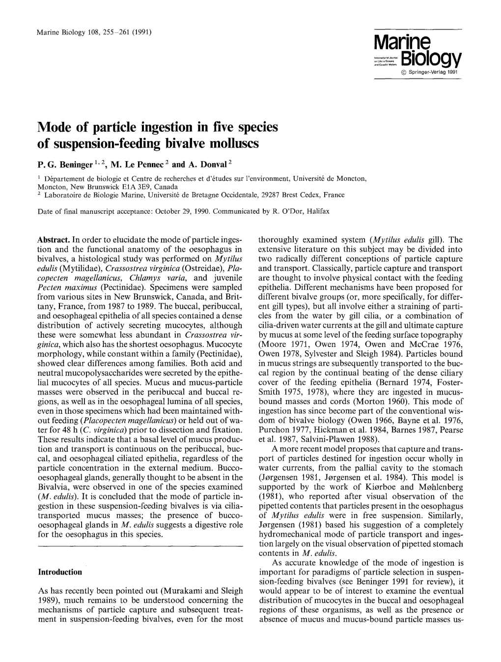 Mode of Particle Ingestion in Five Species of Suspension-Feeding Bivalve Molluscs