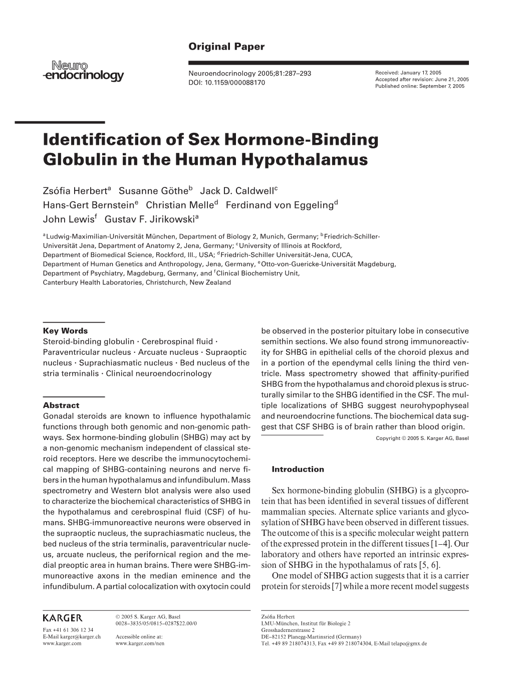 Identification of Sex Hormone-Binding Globulin in the Human Hypothalamus
