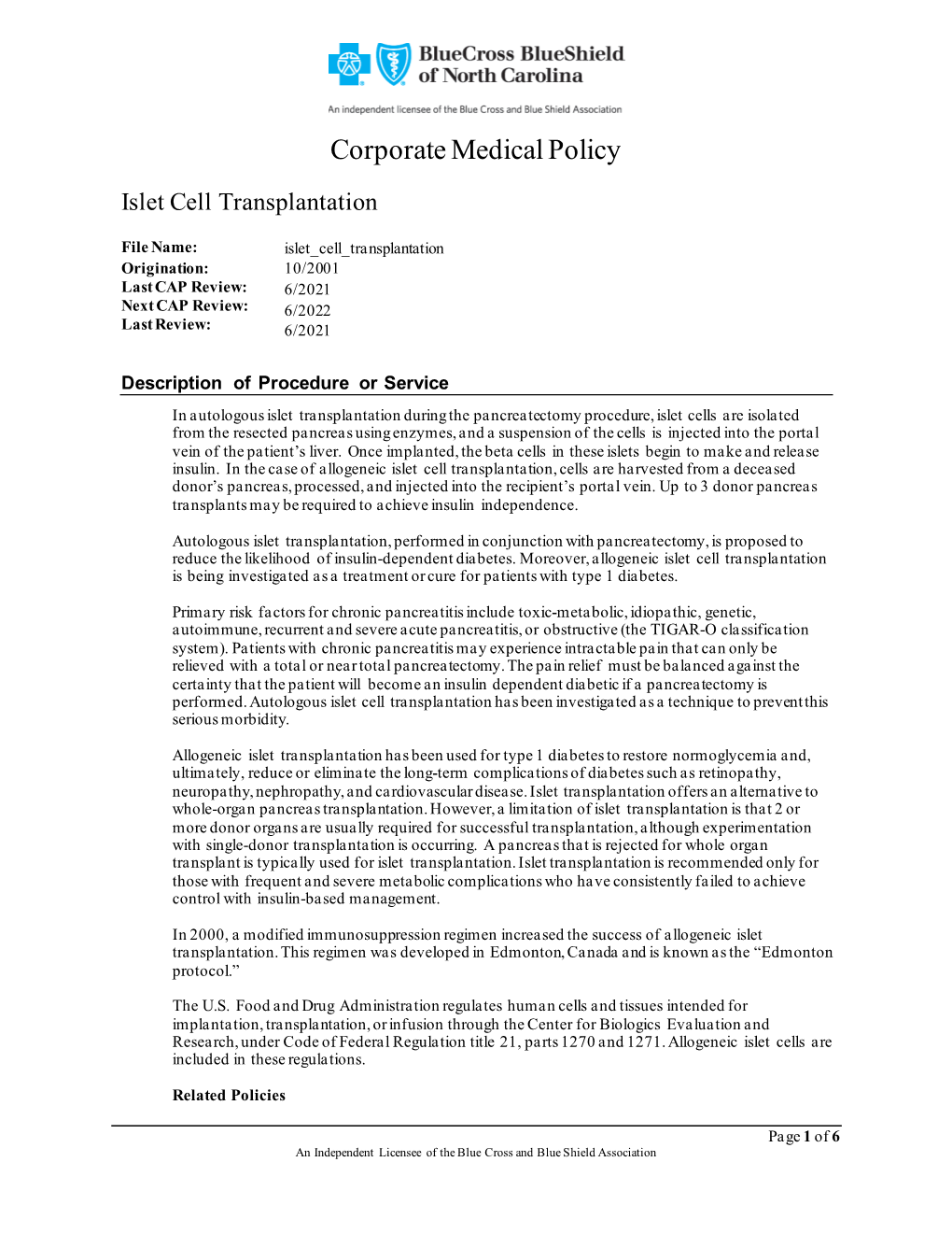 Islet Cell Transplantation