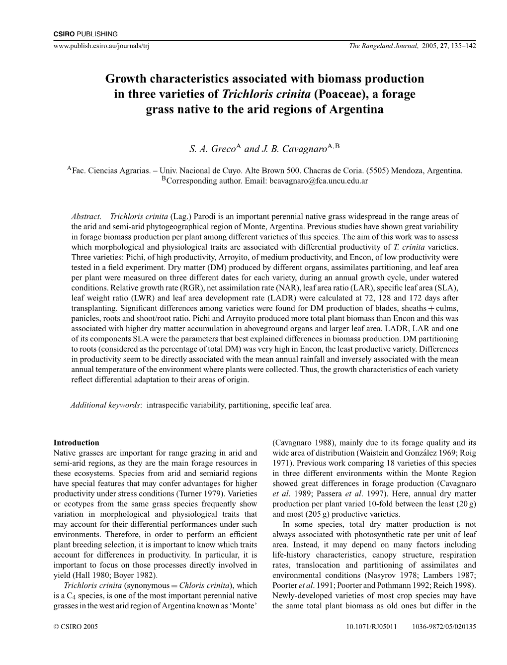 Growth Characteristics Associated with Biomass Production in Three Varieties of Trichloris Crinita (Poaceae), a Forage Grass Native to the Arid Regions of Argentina