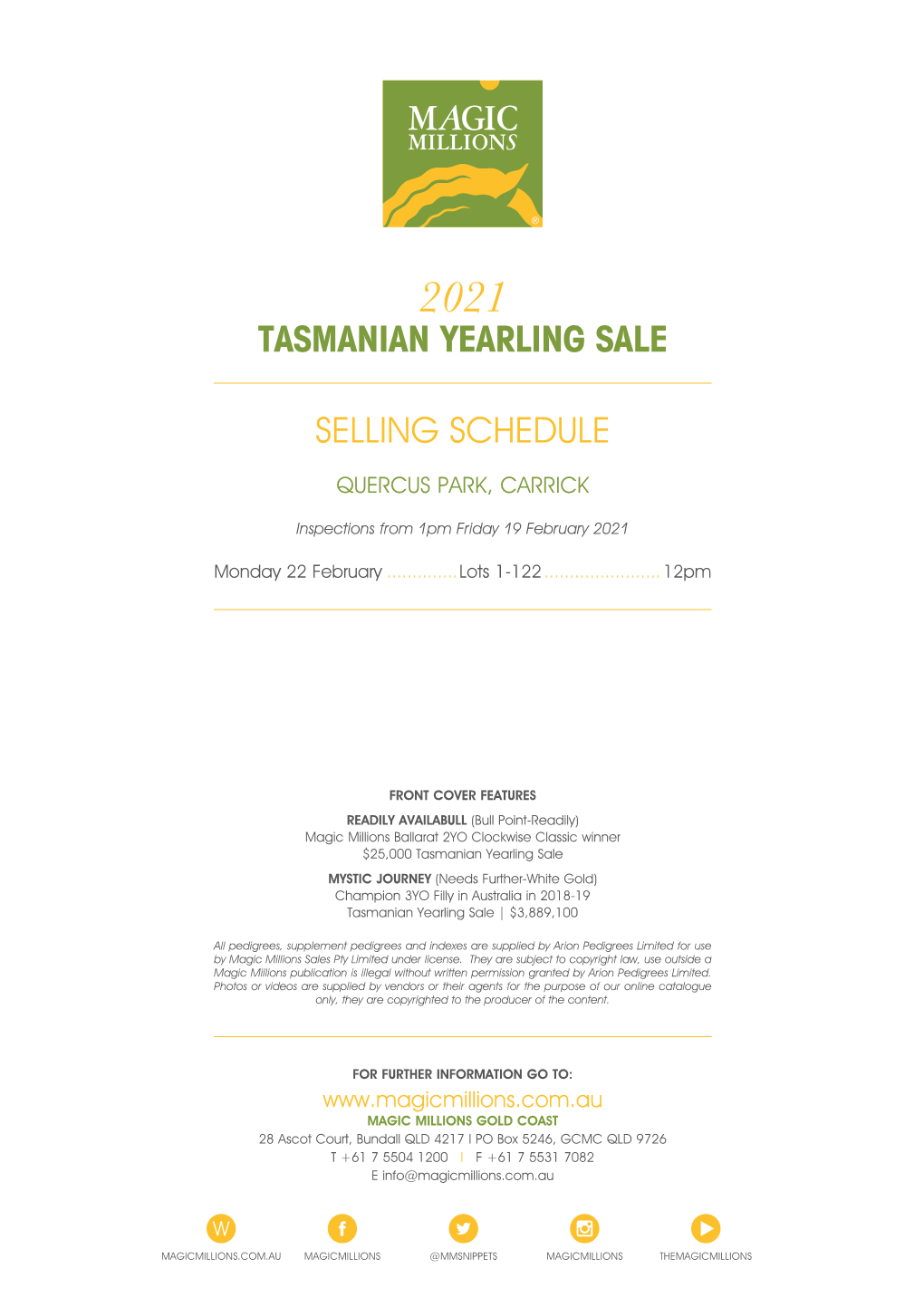 Selling Schedule Tasmanian Yearling Sale