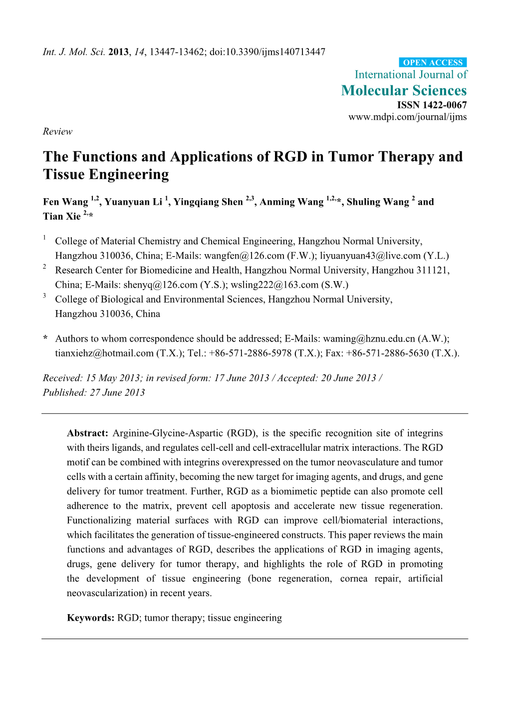 The Functions and Applications of RGD in Tumor Therapy and Tissue Engineering