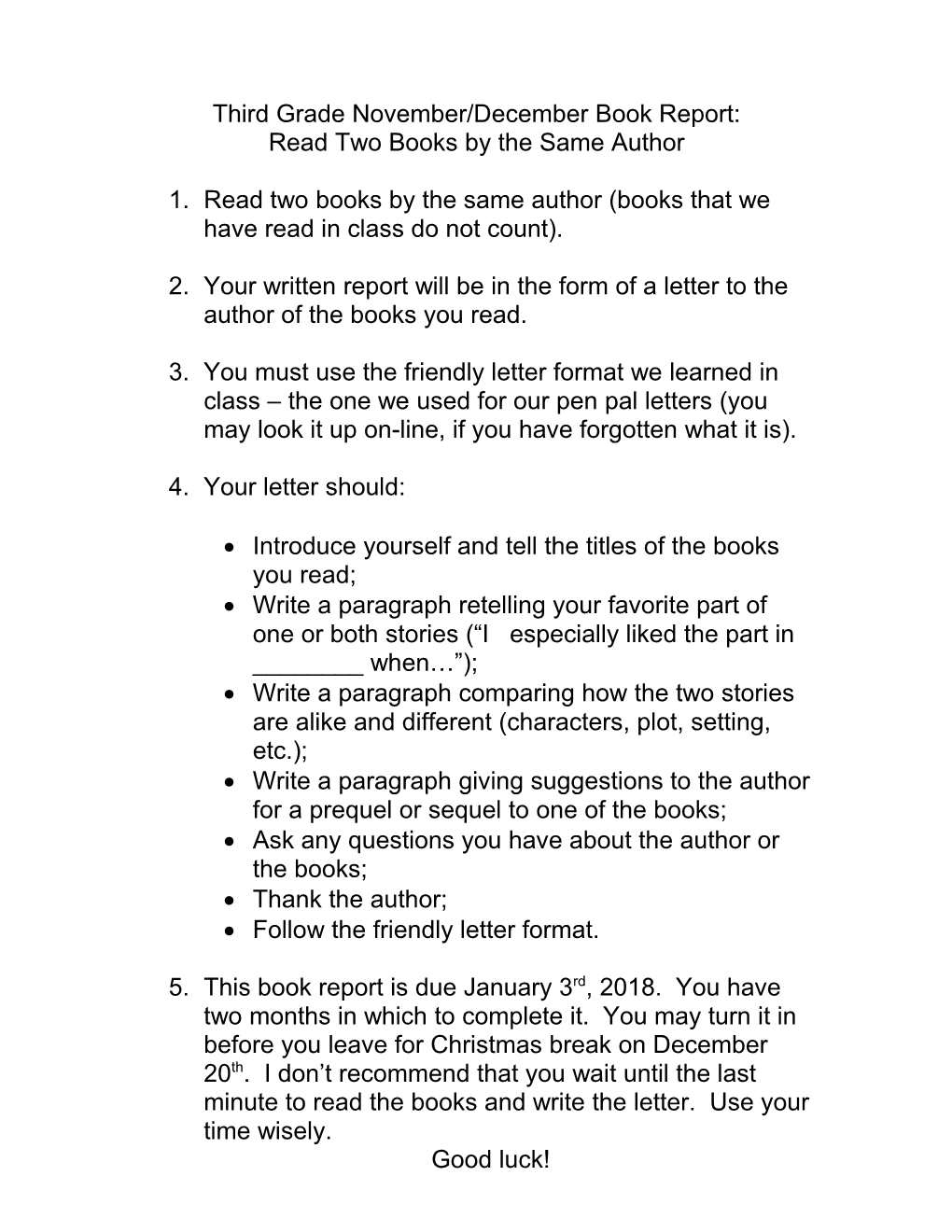 Third Grade November/December Book Report