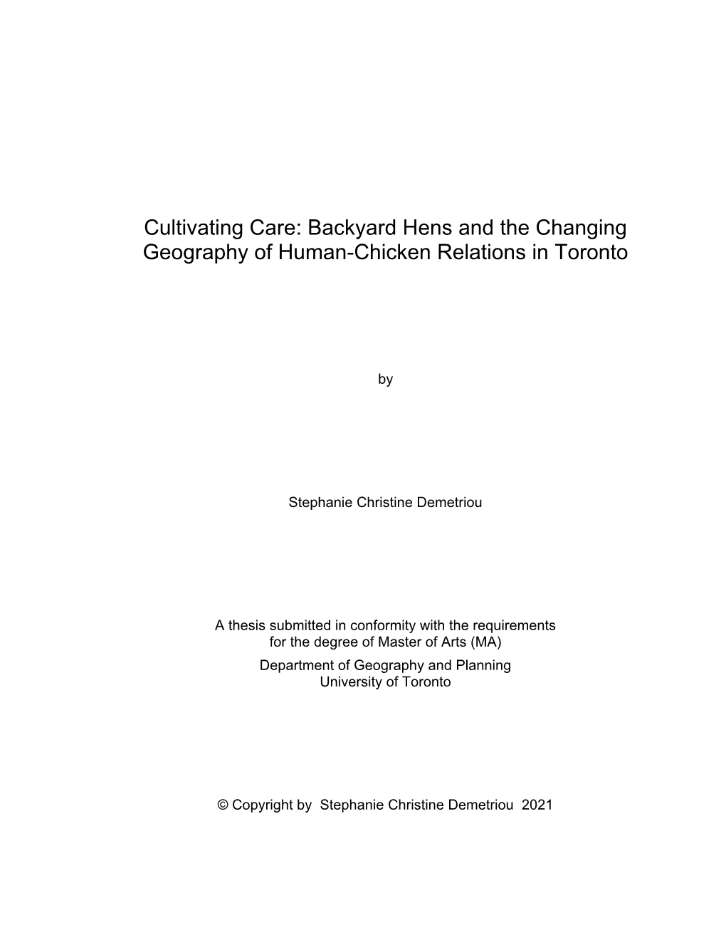 Backyard Hens and the Changing Geography of Human-Chicken Relations in Toronto