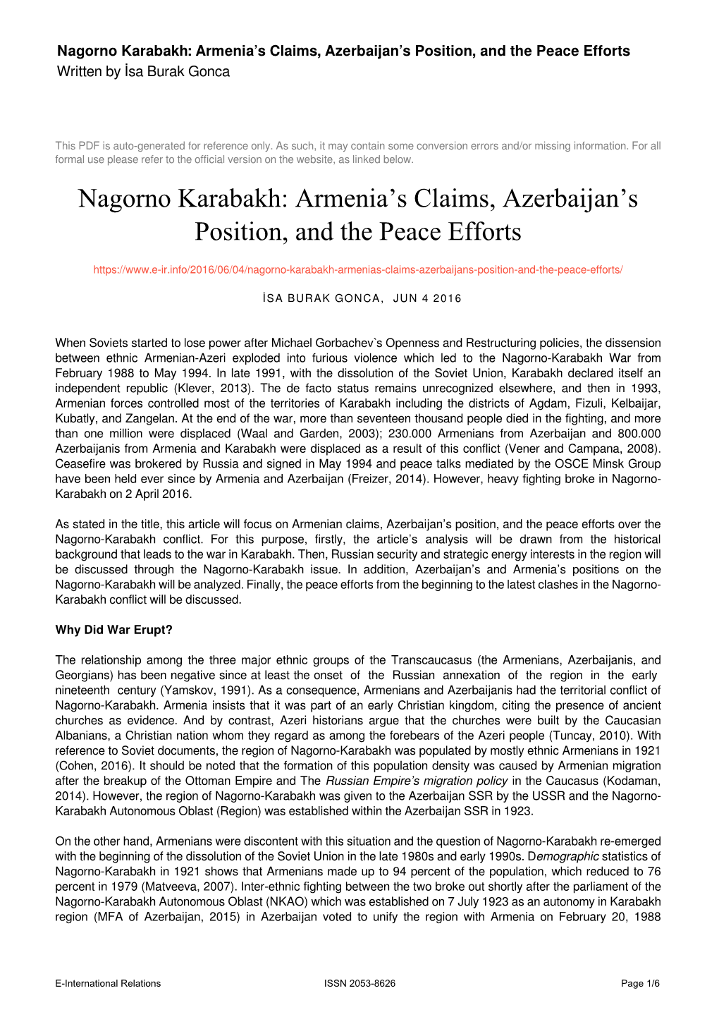 Nagorno Karabakh: Armenia’S Claims, Azerbaijan’S Position, and the Peace Efforts Written by İsa Burak Gonca