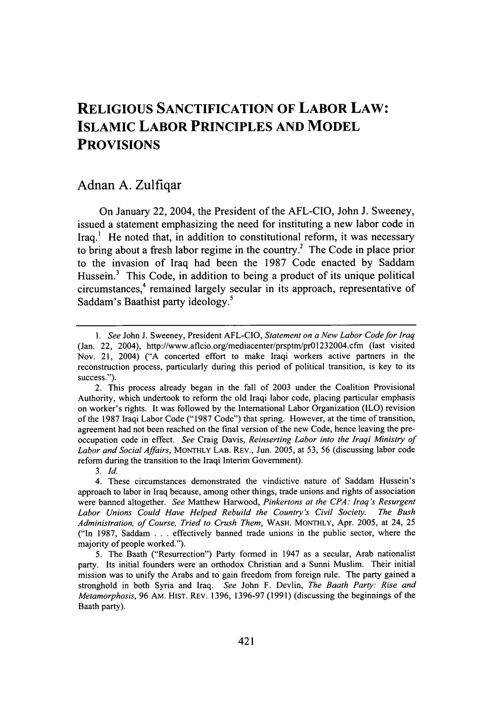 Religious Sanctification of Labor Law: Islamic Labor Principles and Model Provisions