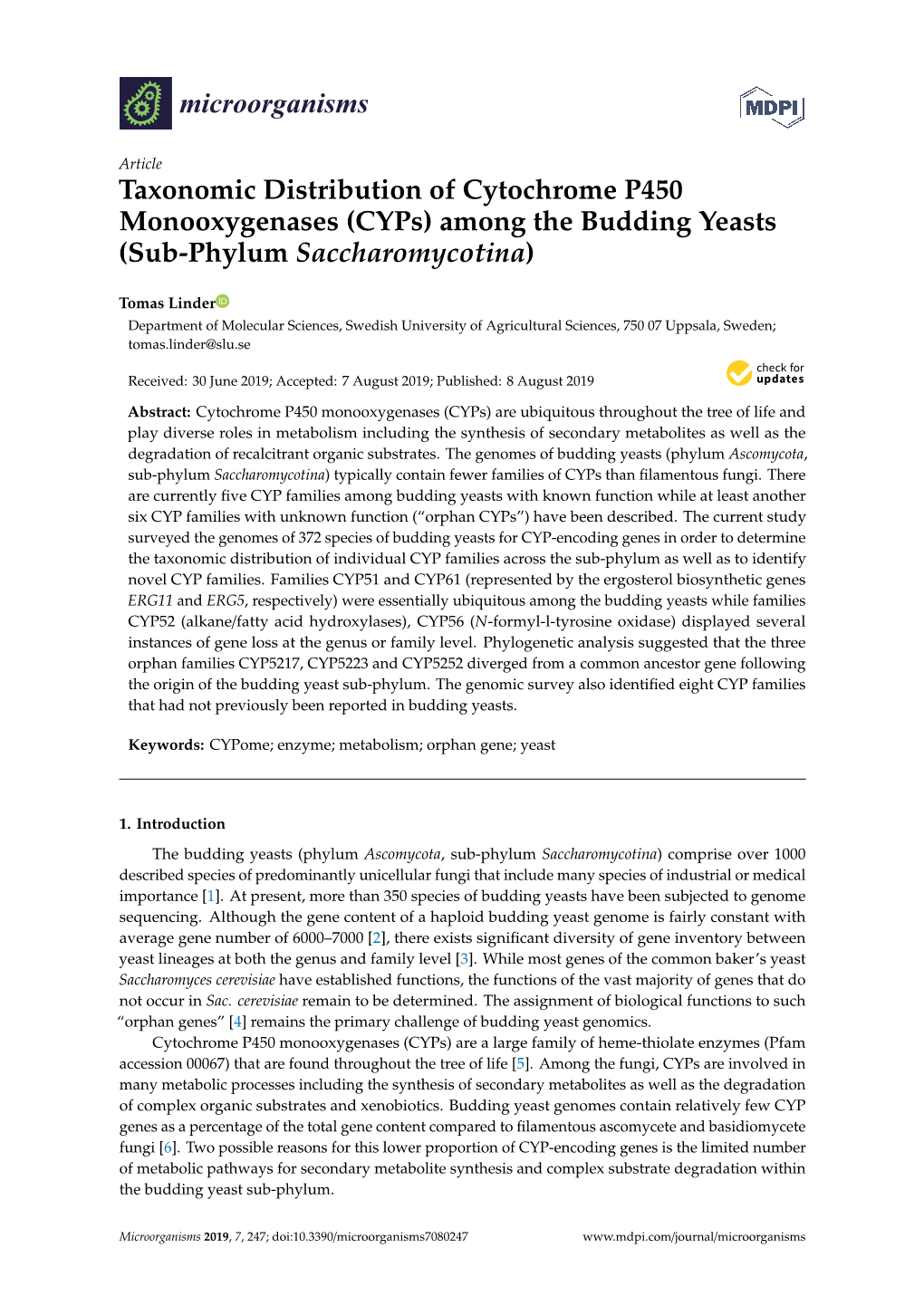 Taxonomic Distribution of Cytochrome P450 Monooxygenases (Cyps) Among the Budding Yeasts (Sub-Phylum Saccharomycotina)