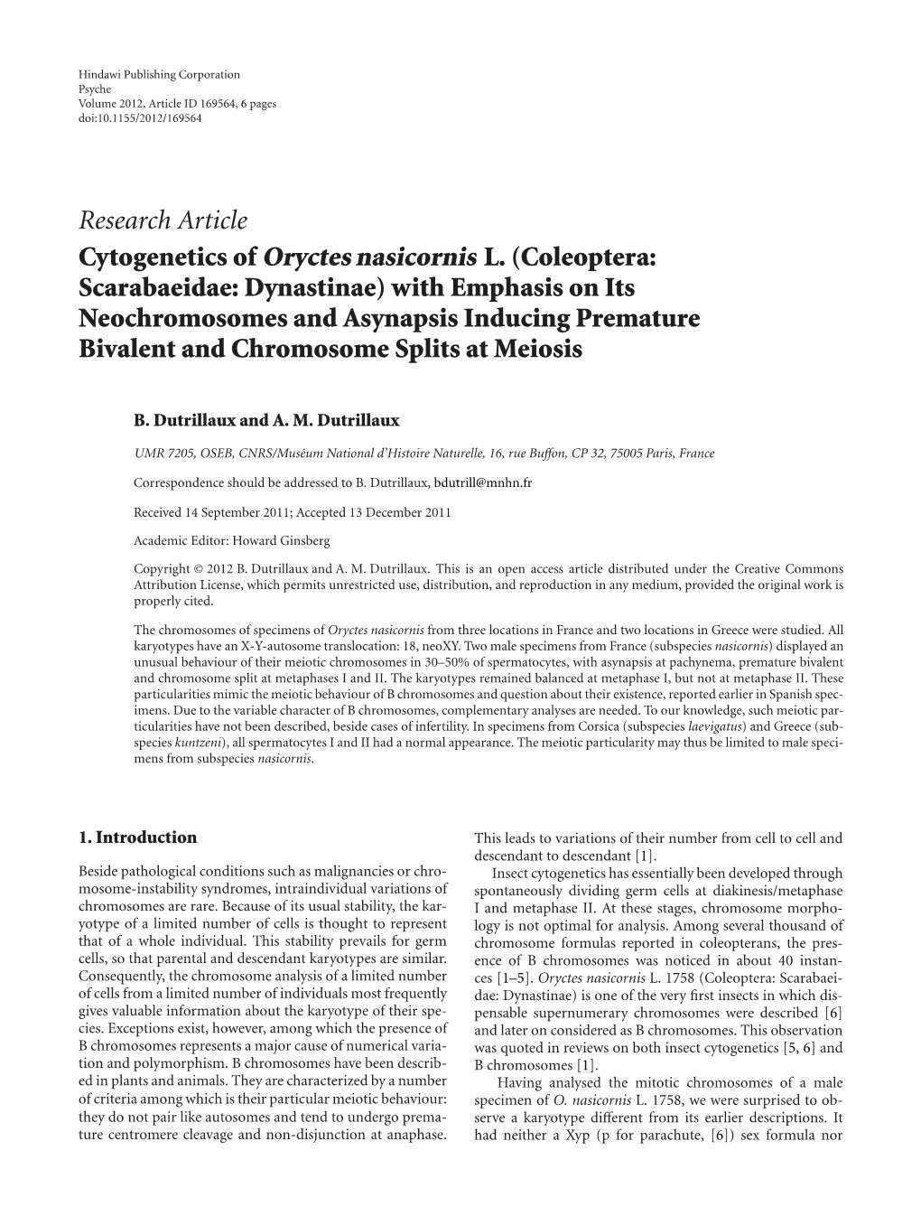 Cytogenetics of Oryctes Nasicornis L