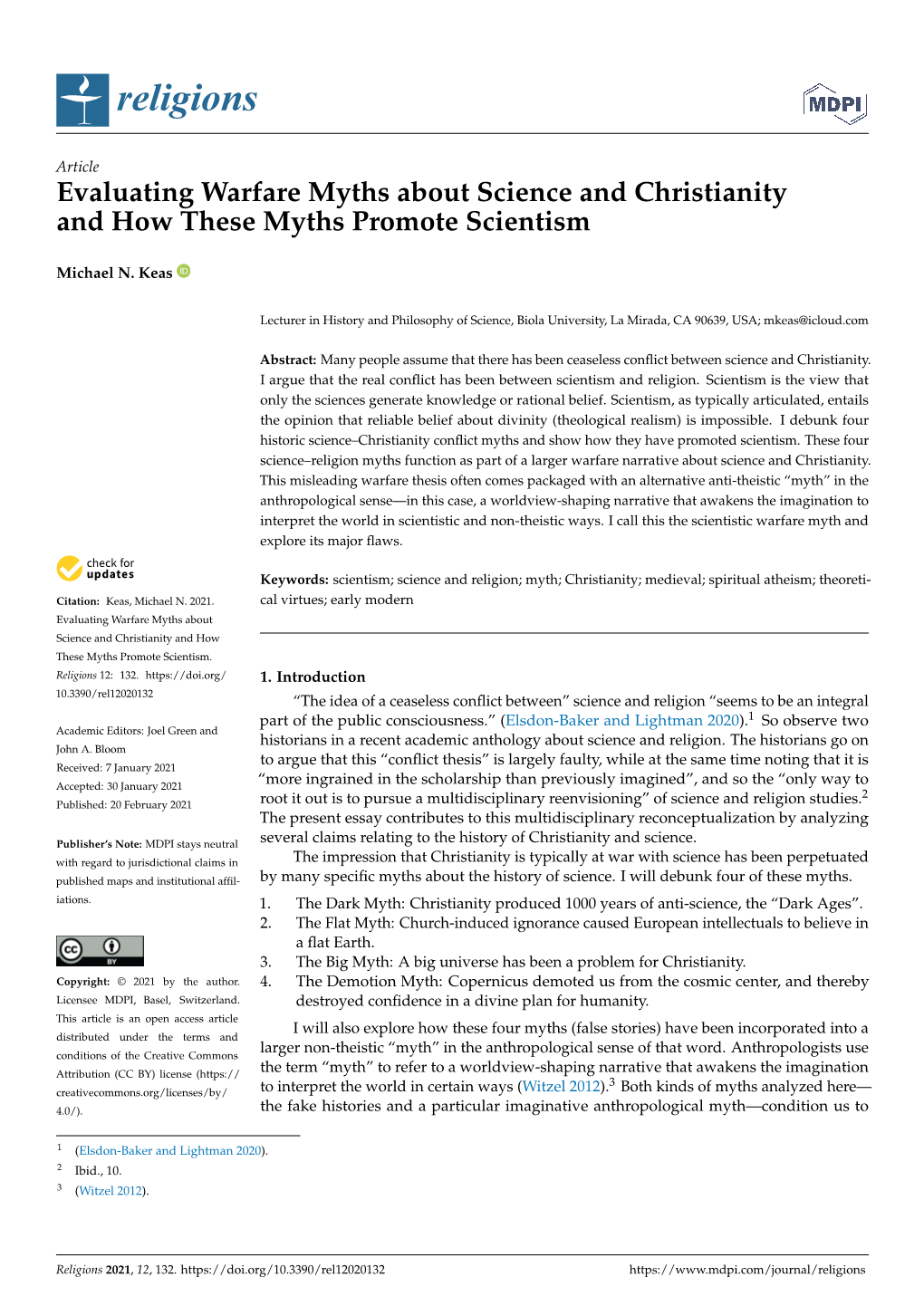 Evaluating Warfare Myths About Science and Christianity and How These Myths Promote Scientism