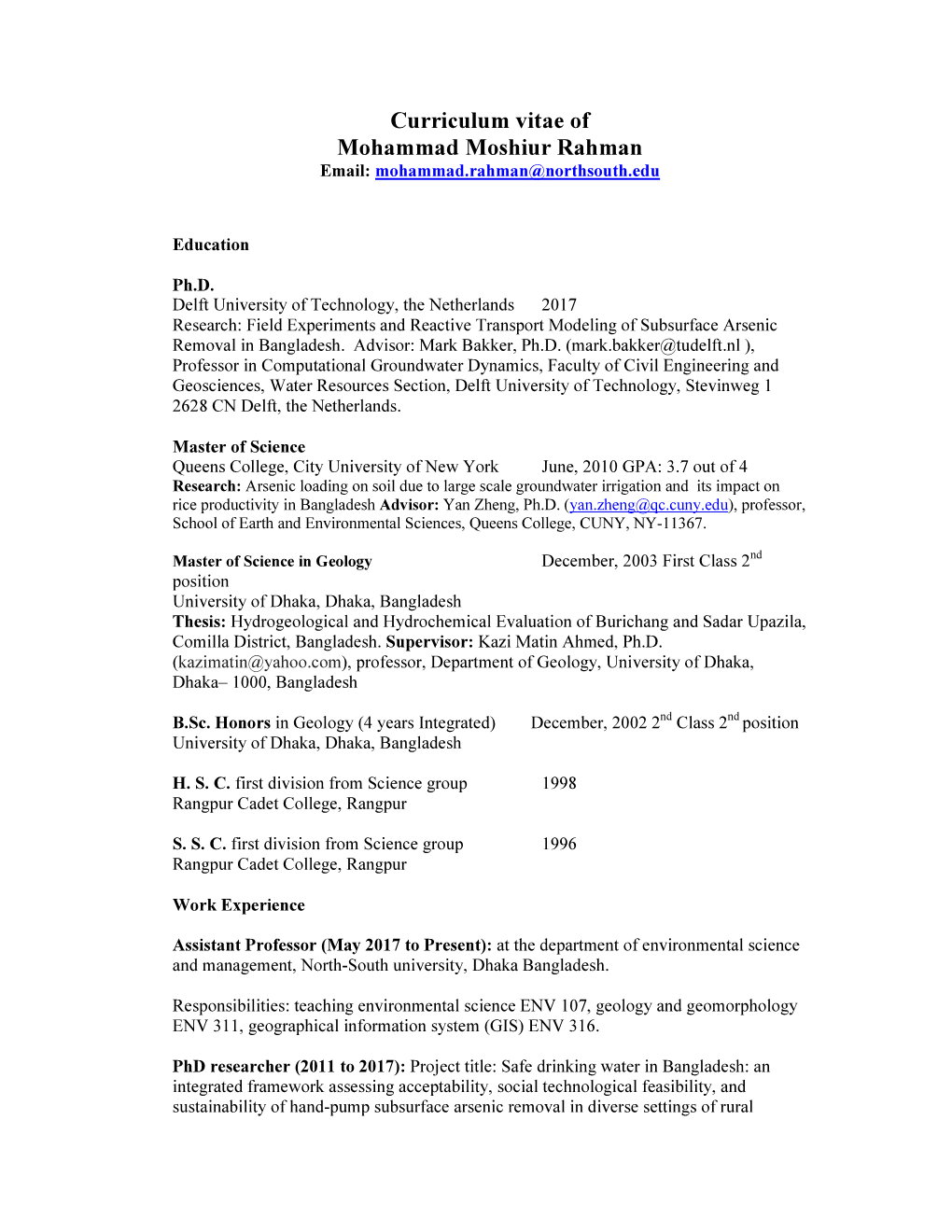 Curriculum Vitae of Mohammad Moshiur Rahman Email: Mohammad.Rahman@Northsouth.Edu