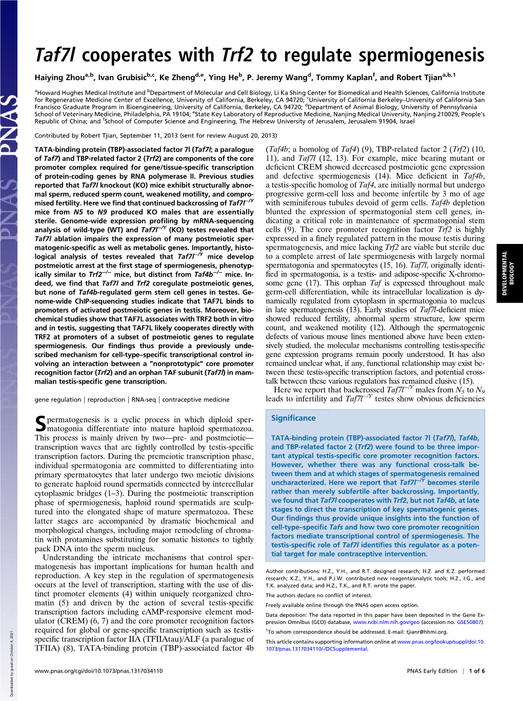 Taf7l Cooperates with Trf2 to Regulate Spermiogenesis