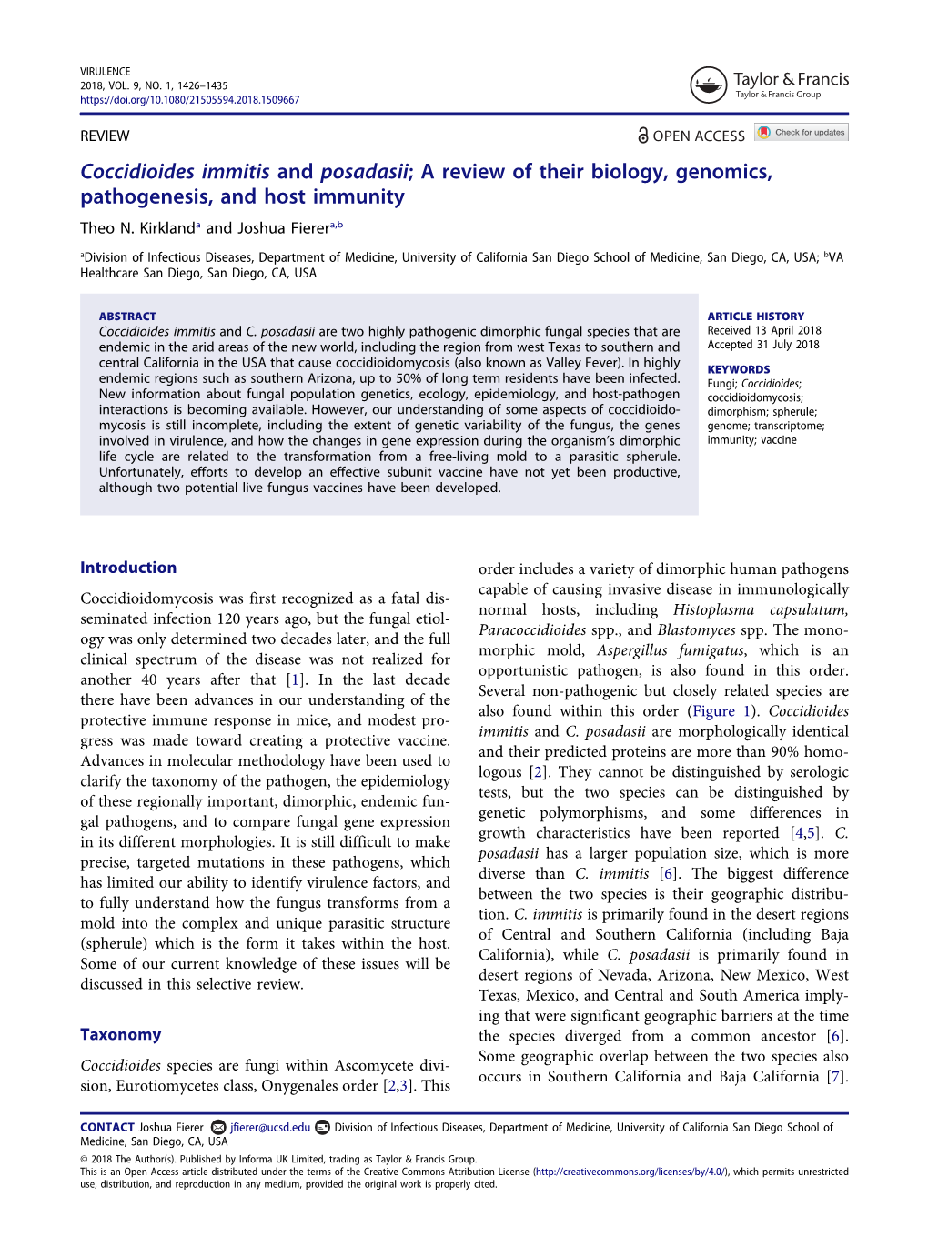 Coccidioides Immitis and Posadasii; a Review of Their Biology, Genomics, Pathogenesis, and Host Immunity Theo N