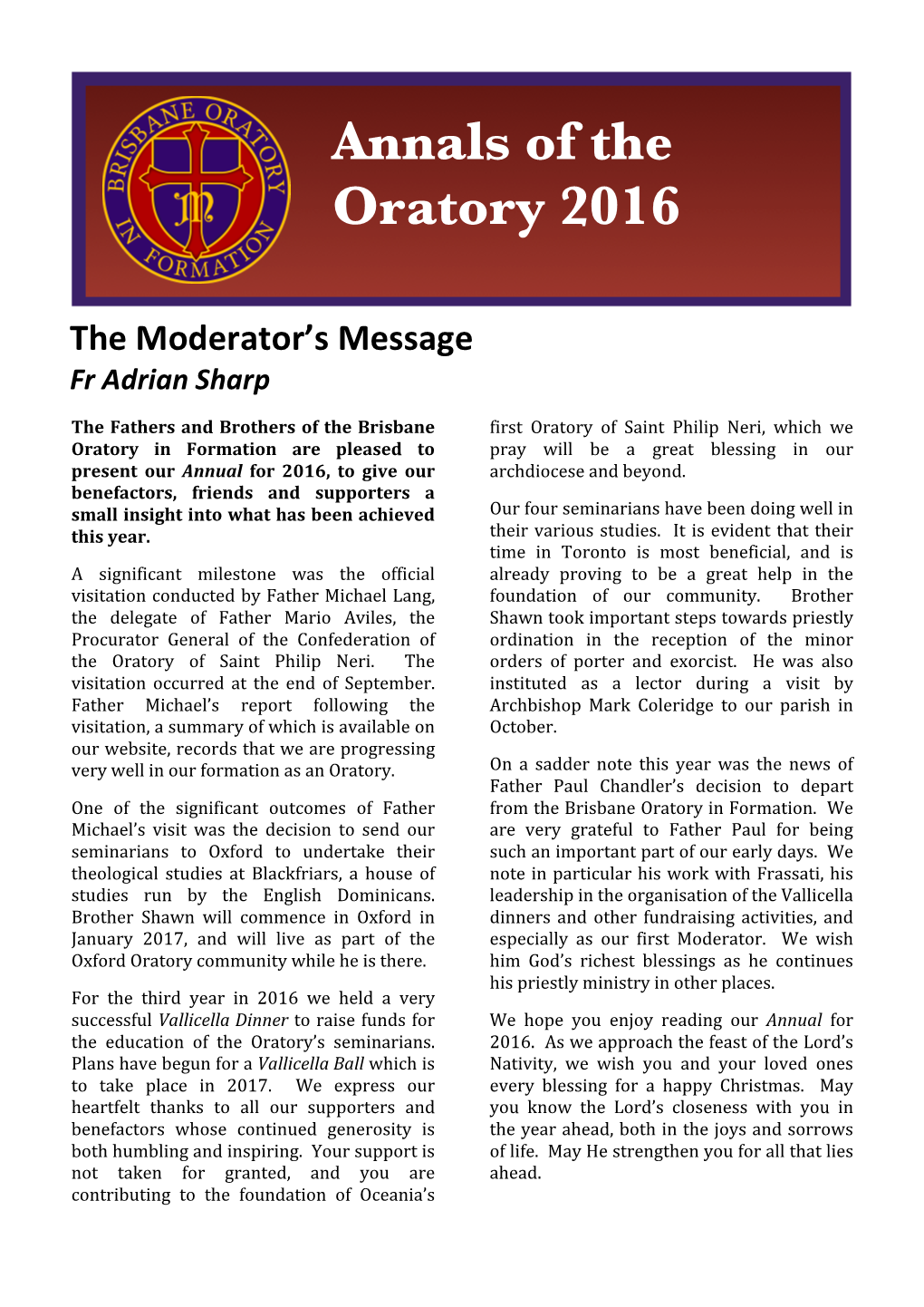 Annals of the Oratory 2016