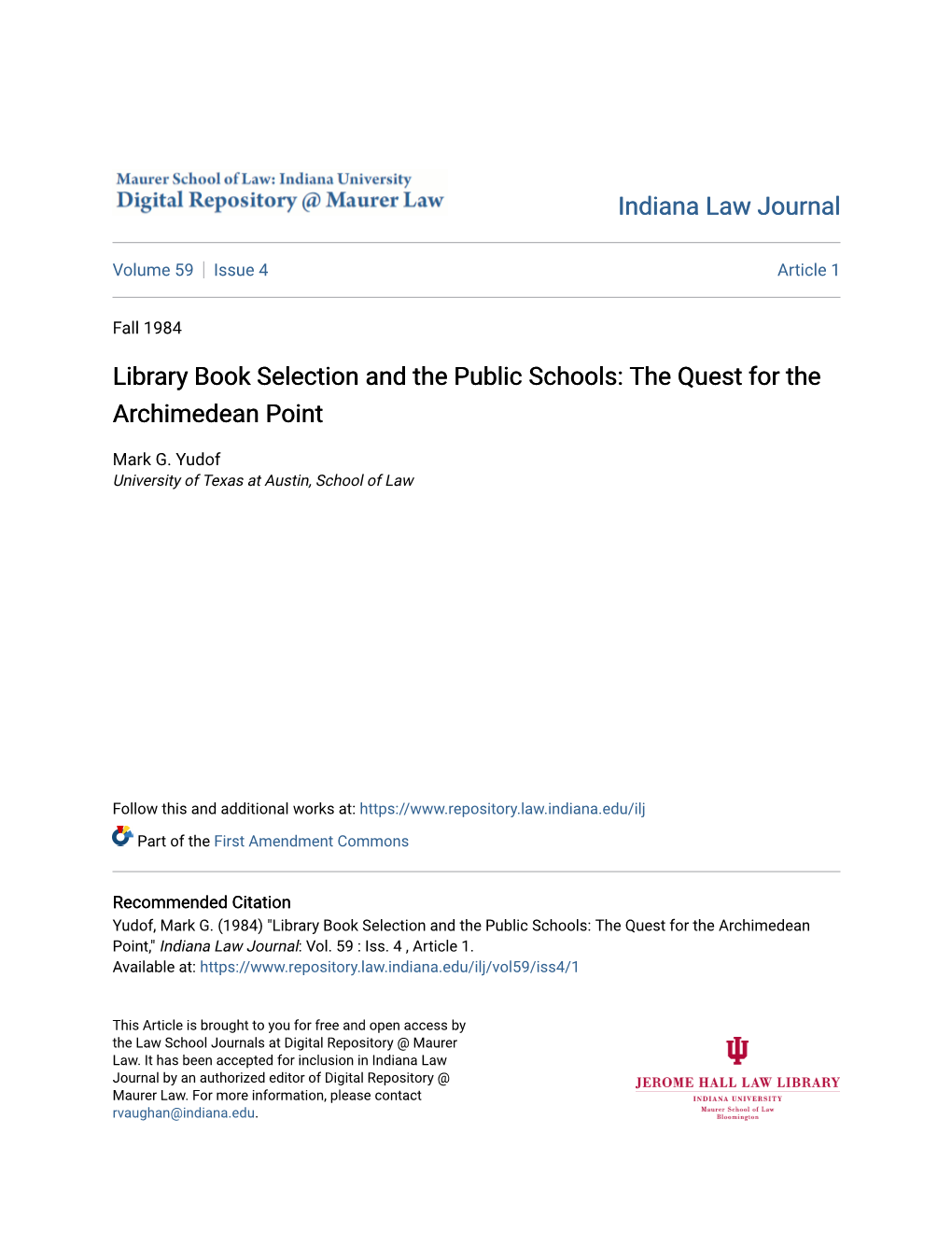 Library Book Selection and the Public Schools: the Quest for the Archimedean Point