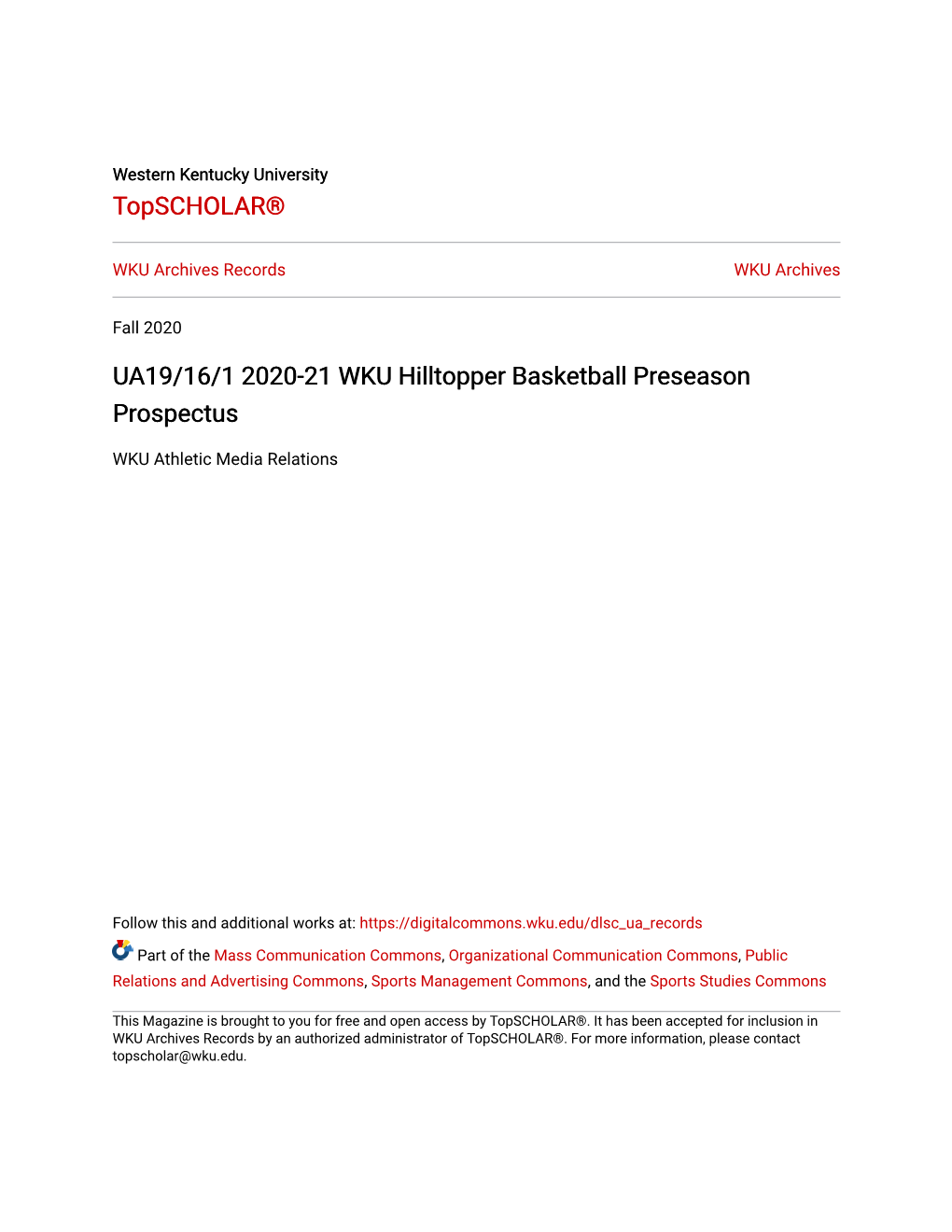 UA19/16/1 2020-21 WKU Hilltopper Basketball Preseason Prospectus