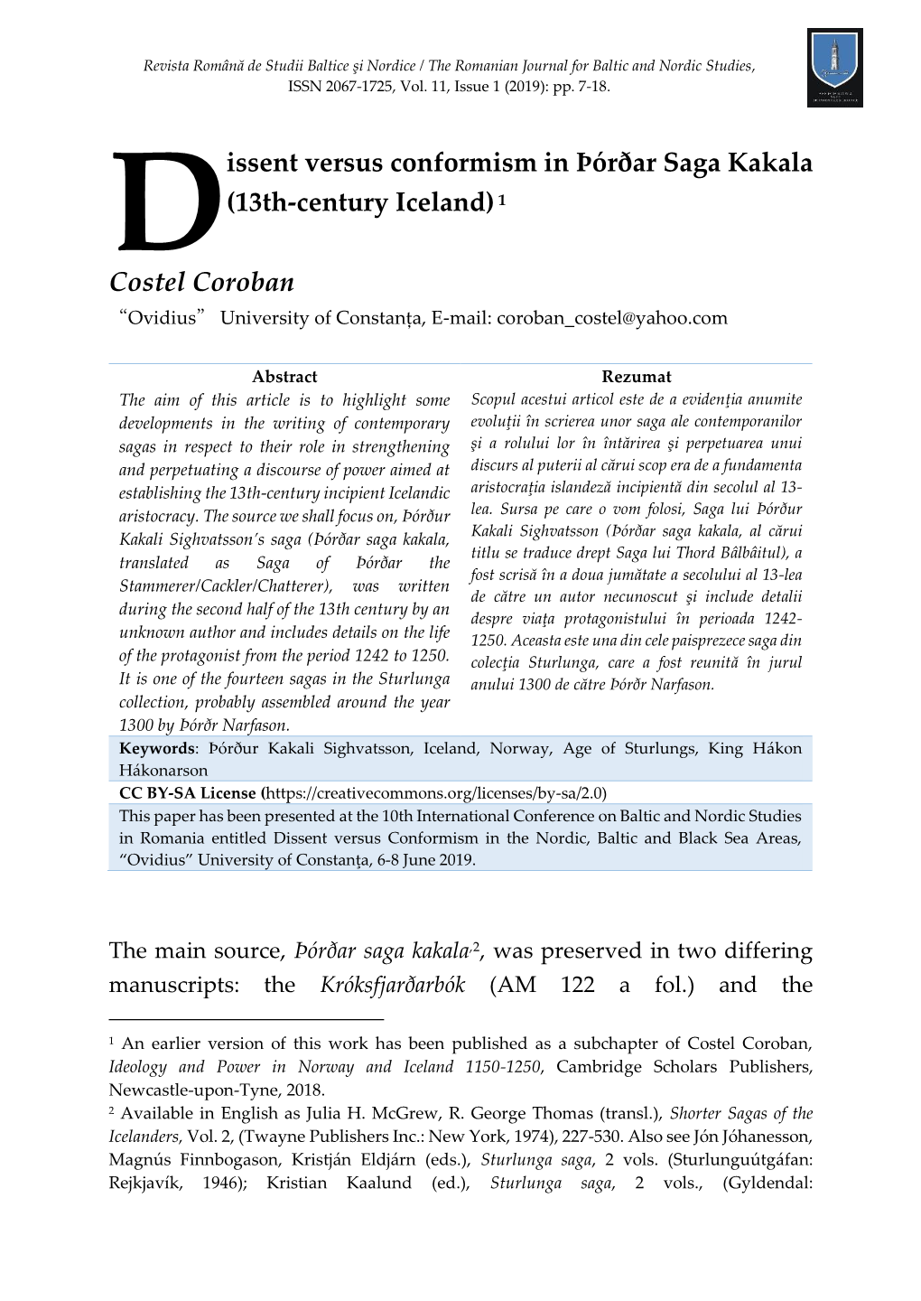 Issent Versus Conformism in Þórðar Saga Kakala (13Th-Century Iceland)1 Costel Coroban