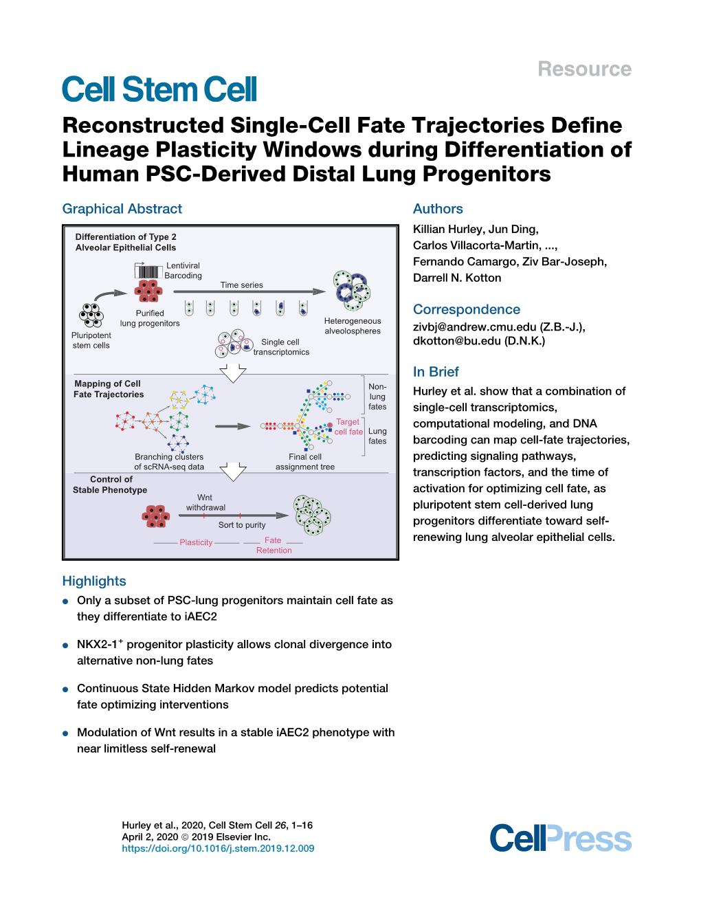 Hurley Et Al., 2020, Cell Stem Cell 26, 1–16 April 2, 2020 ª 2019 Elsevier Inc