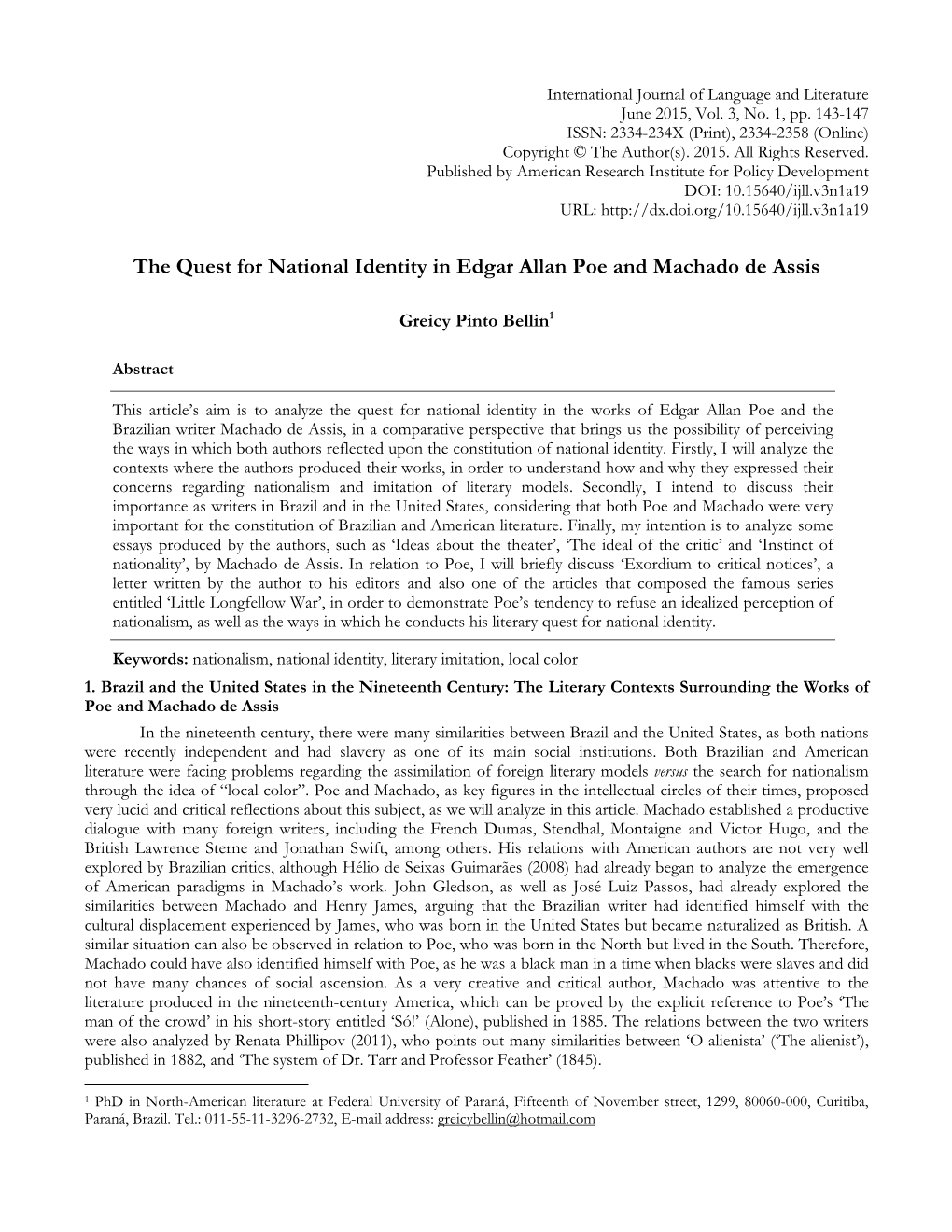 The Quest for National Identity in Edgar Allan Poe and Machado De Assis