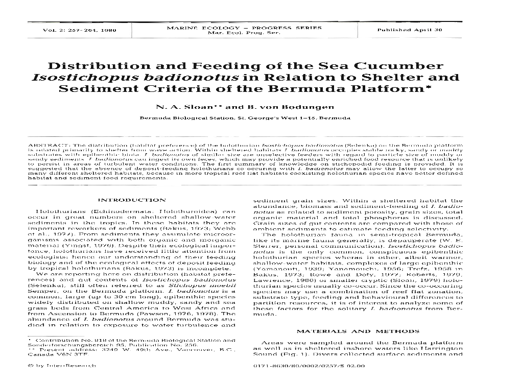 Isostichopus Badionotus in Relation to Shelter and Sediment Criteria of the Bermuda Platform*