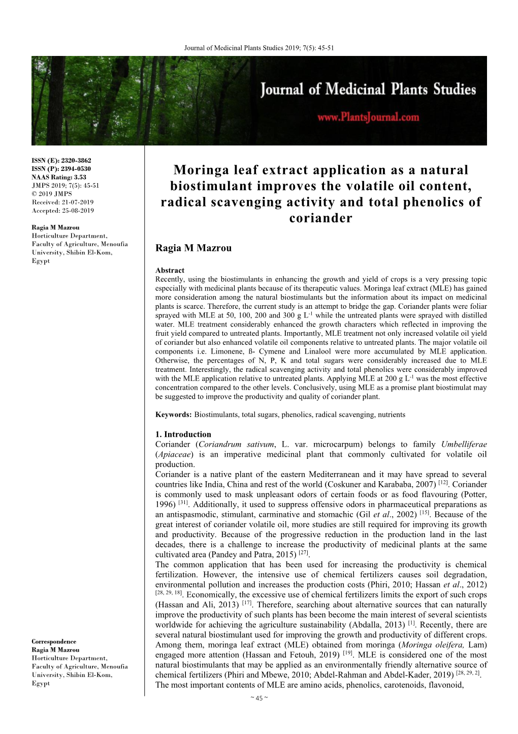 Moringa Leaf Extract Application As a Natural Biostimulant Improves the Volatile Oil Content, Radical Scavenging Activity and To