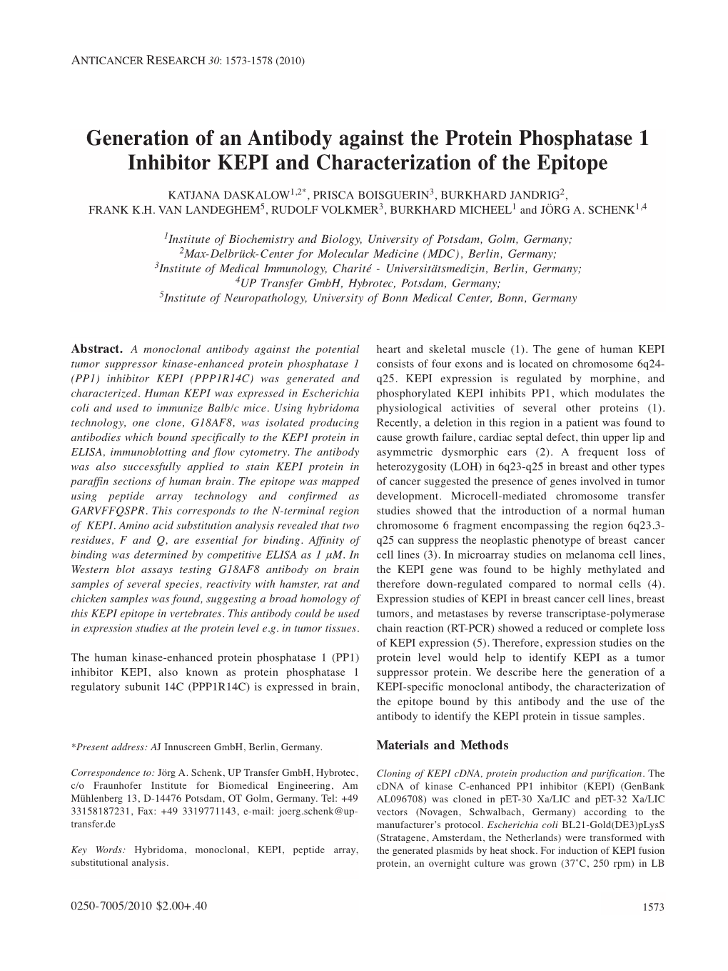 Generation of an Antibody Against the Protein Phosphatase 1 Inhibitor KEPI and Characterization of the Epitope