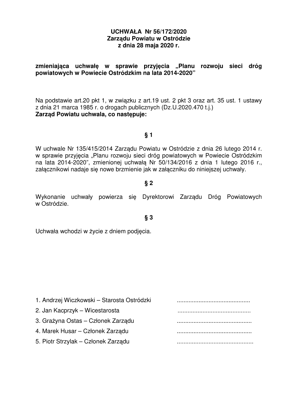 UCHWAŁA Nr 56/172/2020 Zarządu Powiatu W Ostródzie Z Dnia 28 Maja