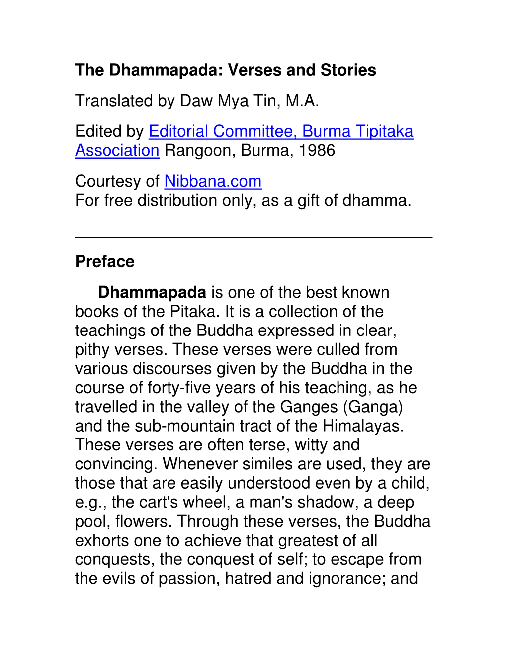 The Dhammapada: Verses and Stories Translated by Daw Mya Tin, M.A