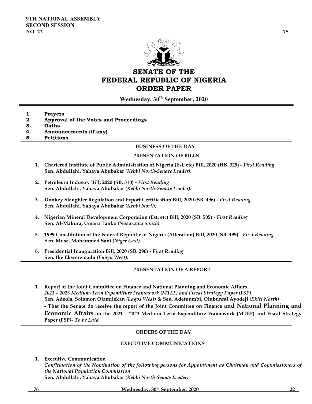 Senate Order Paper- Wednesday, 30Th September, 2020