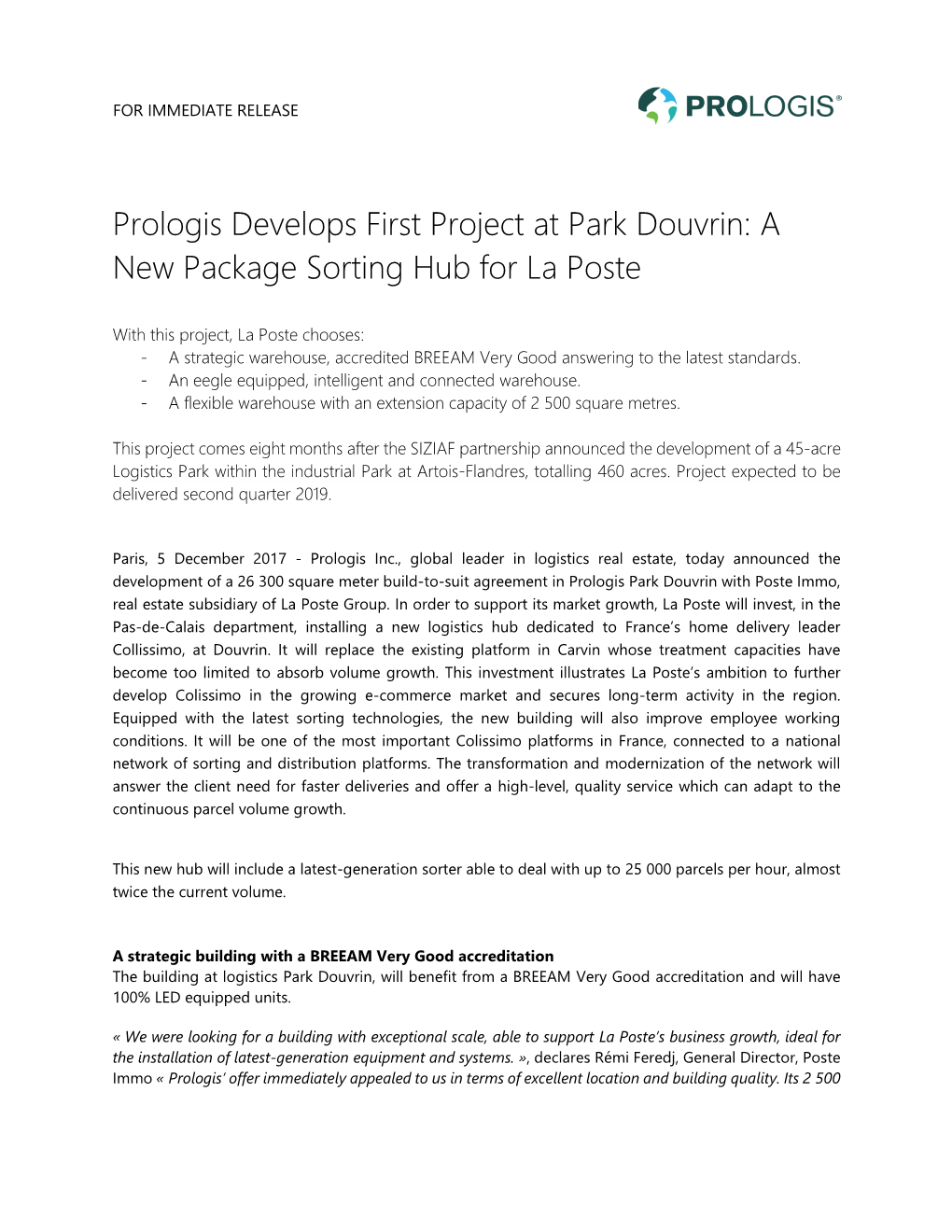 Prologis Develops First Project at Park Douvrin: a New Package Sorting Hub for La Poste