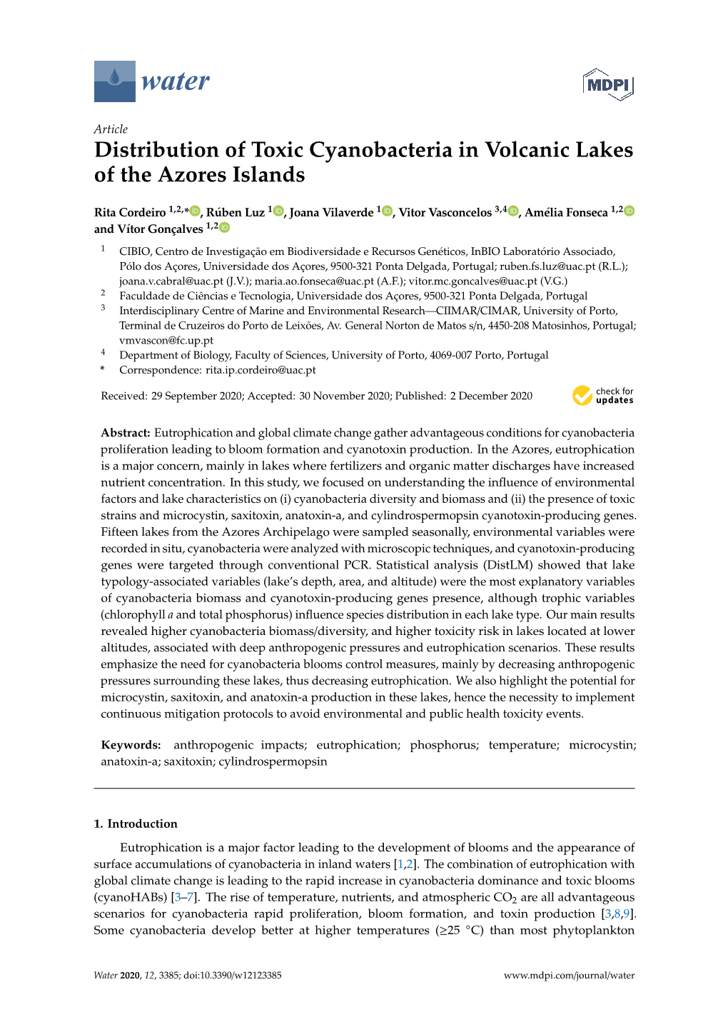 Distribution of Toxic Cyanobacteria in Volcanic Lakes of the Azores Islands