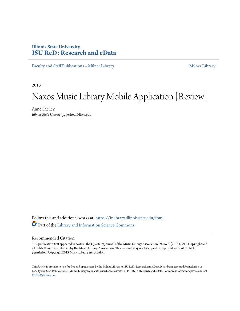 Naxos Music Library Mobile Application [Review] Anne Shelley Illinois State University, Aeshell@Ilstu.Edu