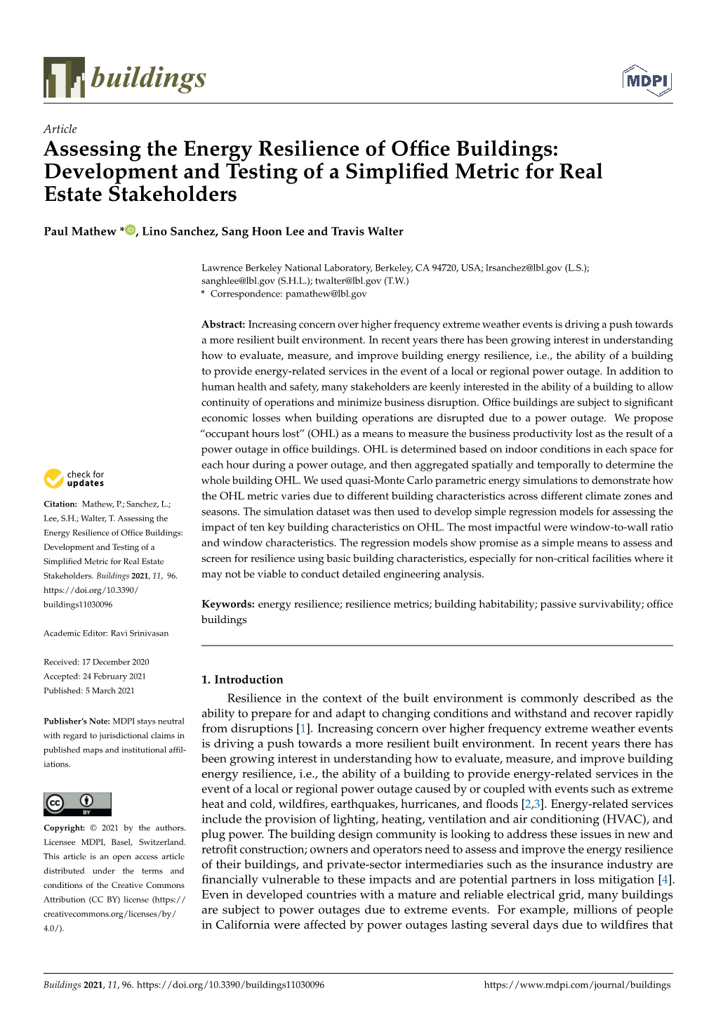 Assessing the Energy Resilience of Office Buildings