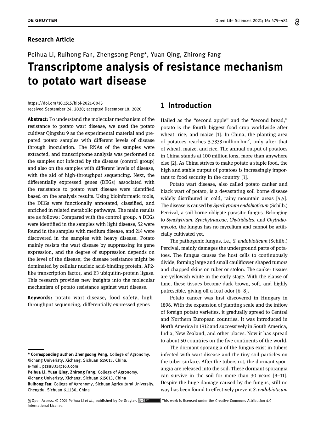 Transcriptome Analysis of Resistance Mechanism to Potato Wart Disease