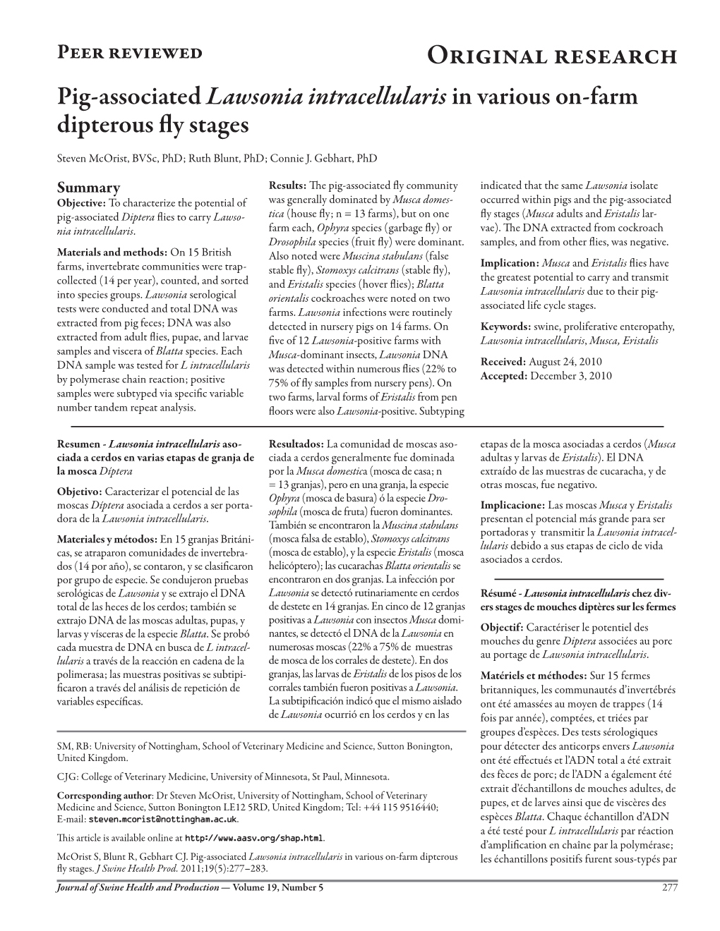 Pig-Associated Lawsonia Intracellularis in Various On-Farm Dipterous Fly­ Stages