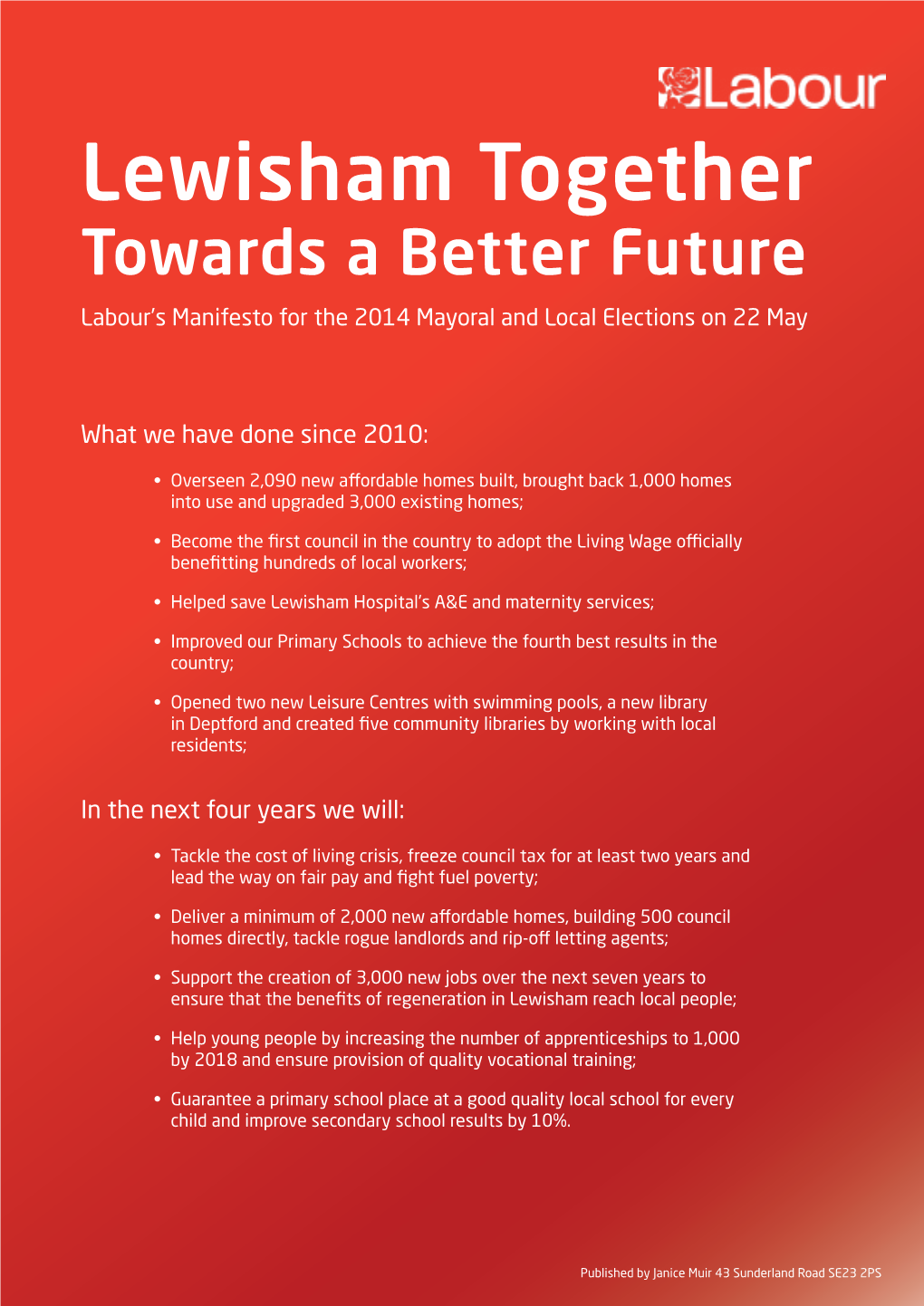 Lewisham Together Towards a Better Future Labour’S Manifesto for the 2014 Mayoral and Local Elections on 22 May