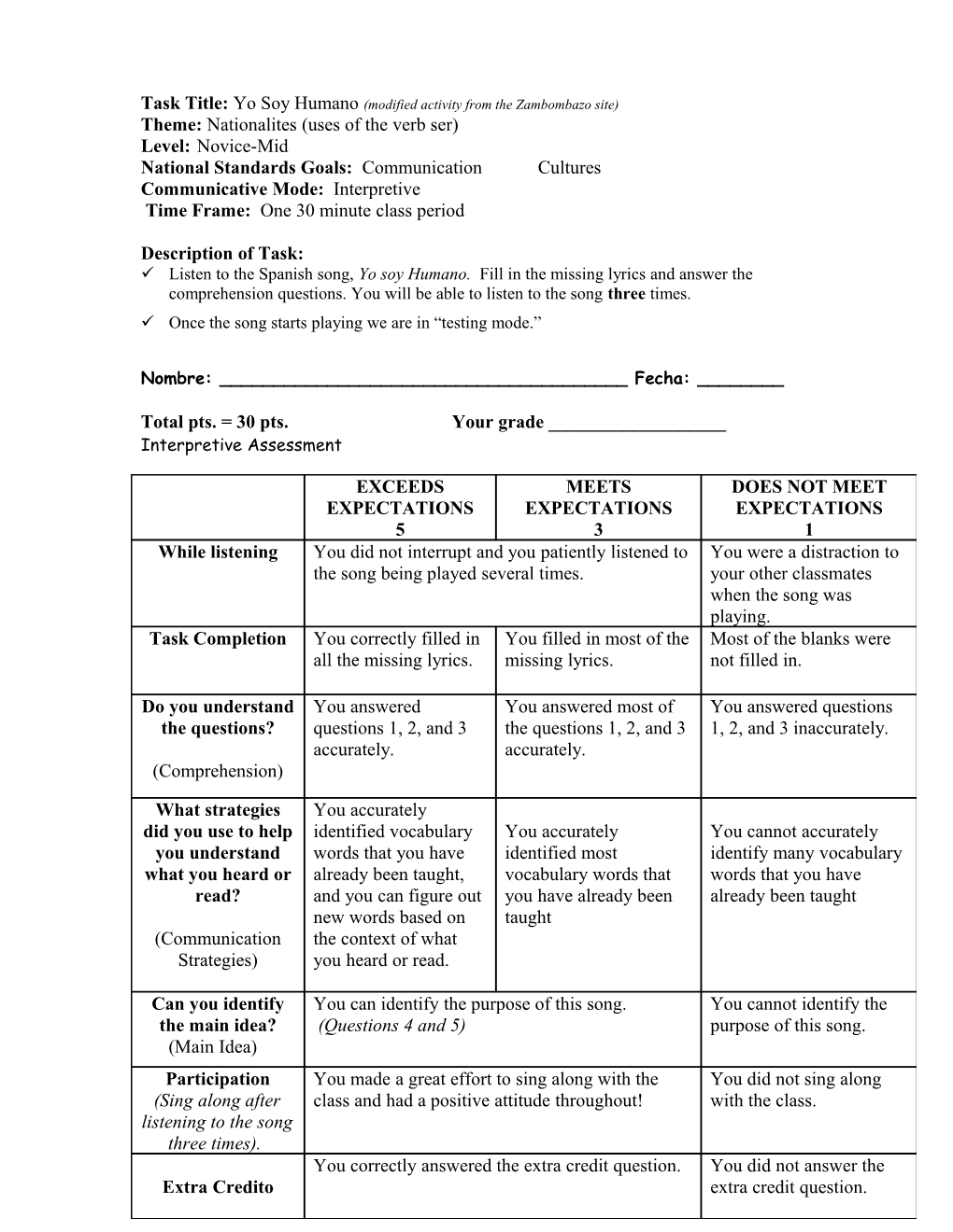 Task Title: Yo Soy Humano (Modified Activity from the Zambombazo Site)