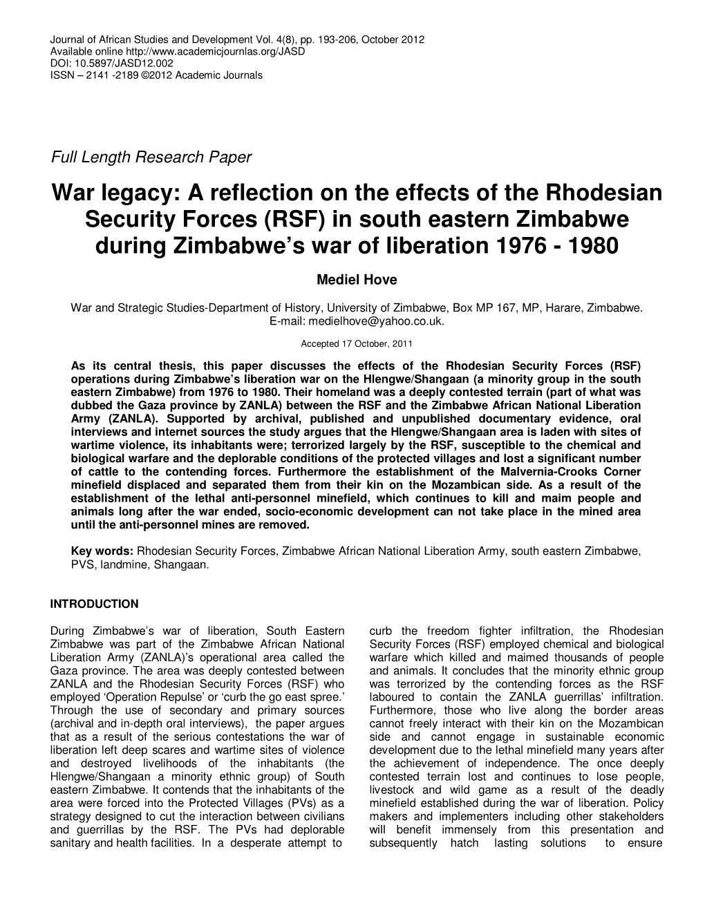 A Reflection on the Effects of the Rhodesian Security Forces (RSF) in South Eastern Zimbabwe During Zimbabwe’S War of Liberation 1976 - 1980