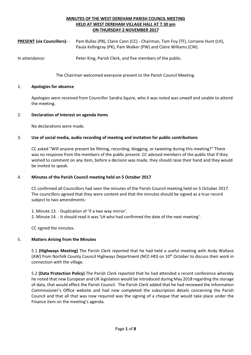 Page 1 of 8 MINUTES of the WEST DEREHAM PARISH COUNCIL MEETING HELD at WEST DEREHAM VILLAGE HALL at 7.30 Pm on THURSDAY 2 NOVEMB