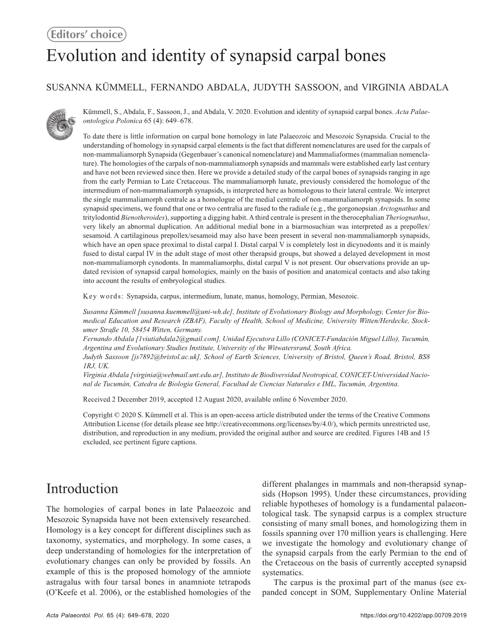 Evolution and Identity of Synapsid Carpal Bones