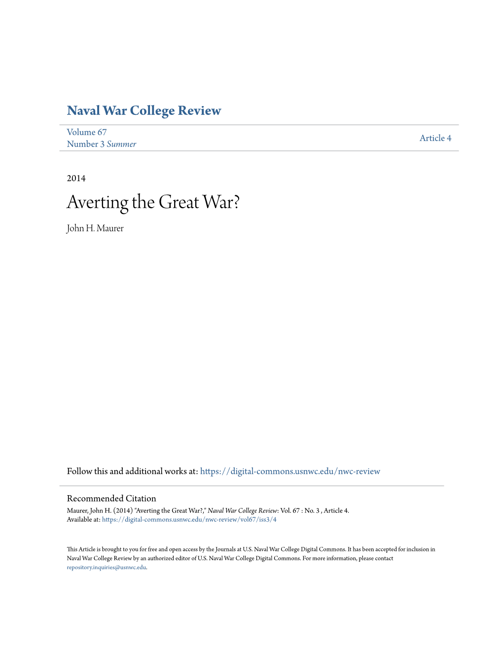 Averting the Great War? John H