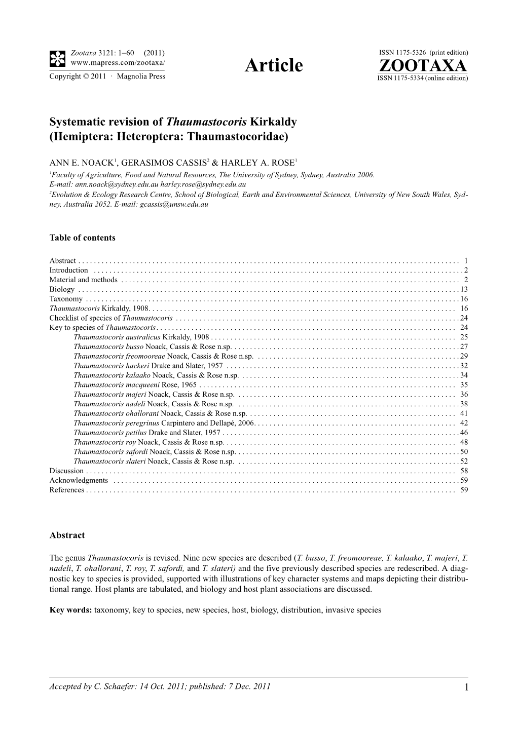 Systematic Revision of Thaumastocoris Kirkaldy (Hemiptera: Heteroptera: Thaumastocoridae)