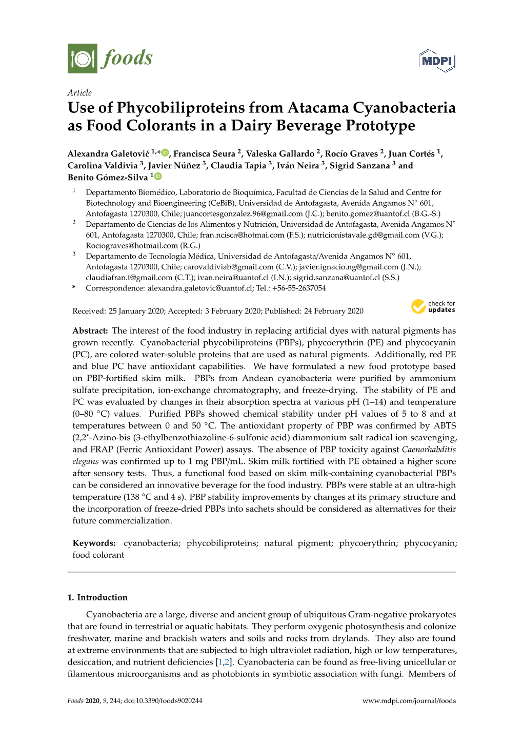 Use of Phycobiliproteins from Atacama Cyanobacteria As Food Colorants in a Dairy Beverage Prototype