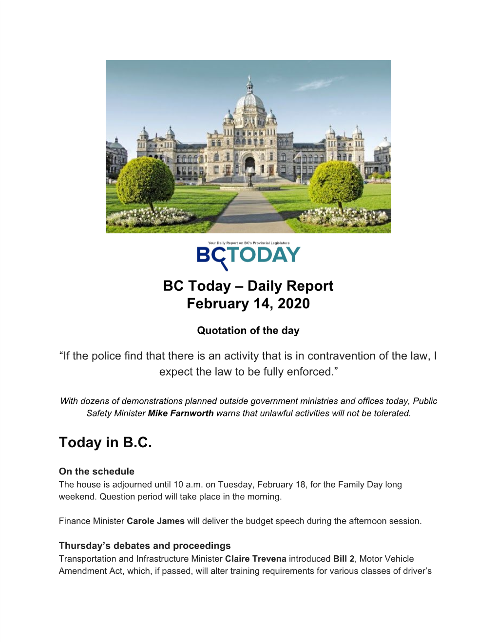 Daily Report February 14, 2020 Today in BC