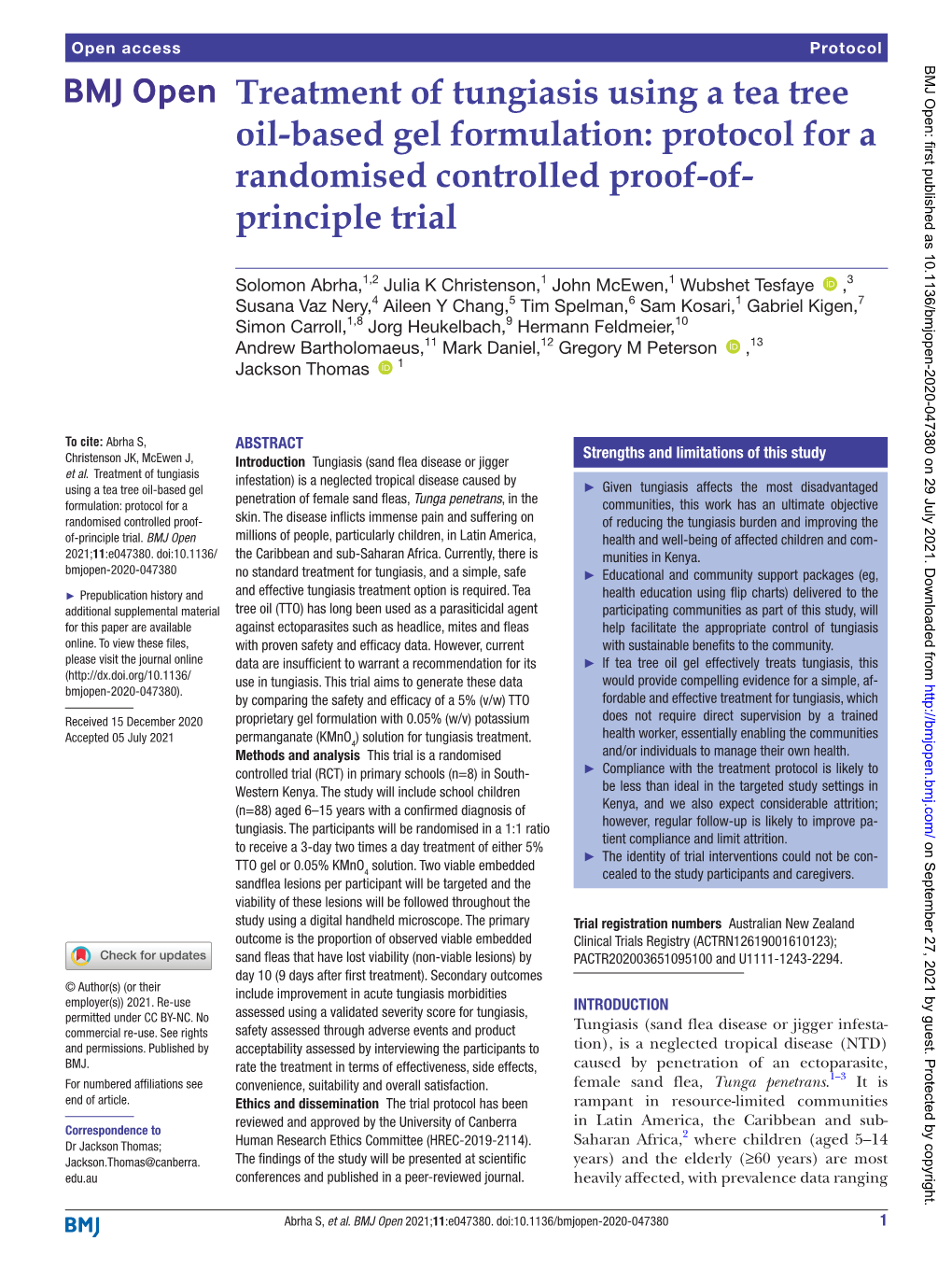 Treatment of Tungiasis Using a Tea Tree Oil-­Based Gel Formulation: Protocol for a Randomised Controlled Proof-Of-­ ­ Principle Trial