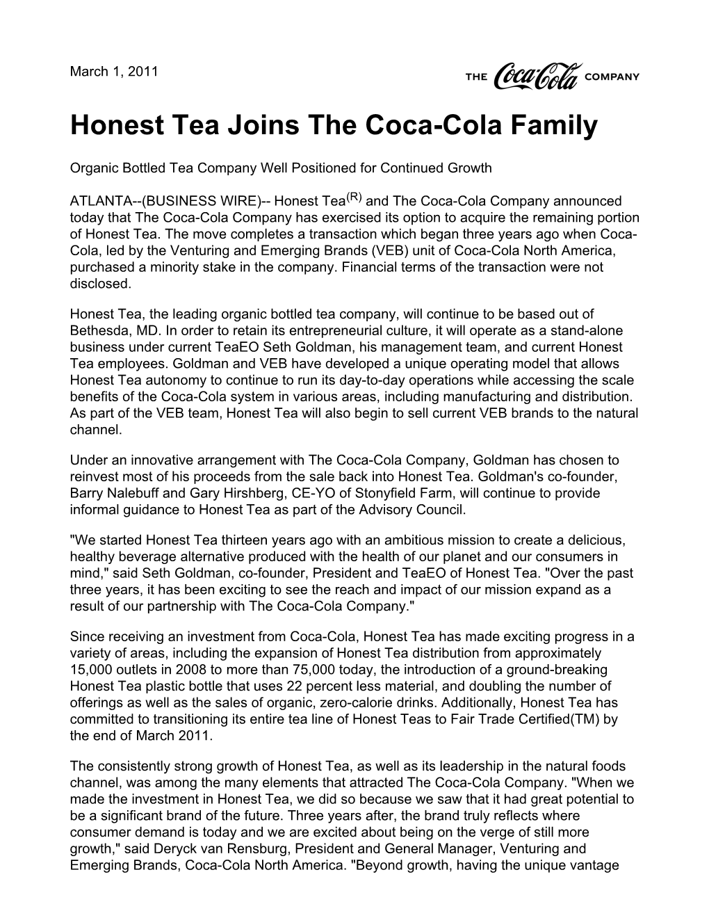 Honest Tea Joins the Coca-Cola Family