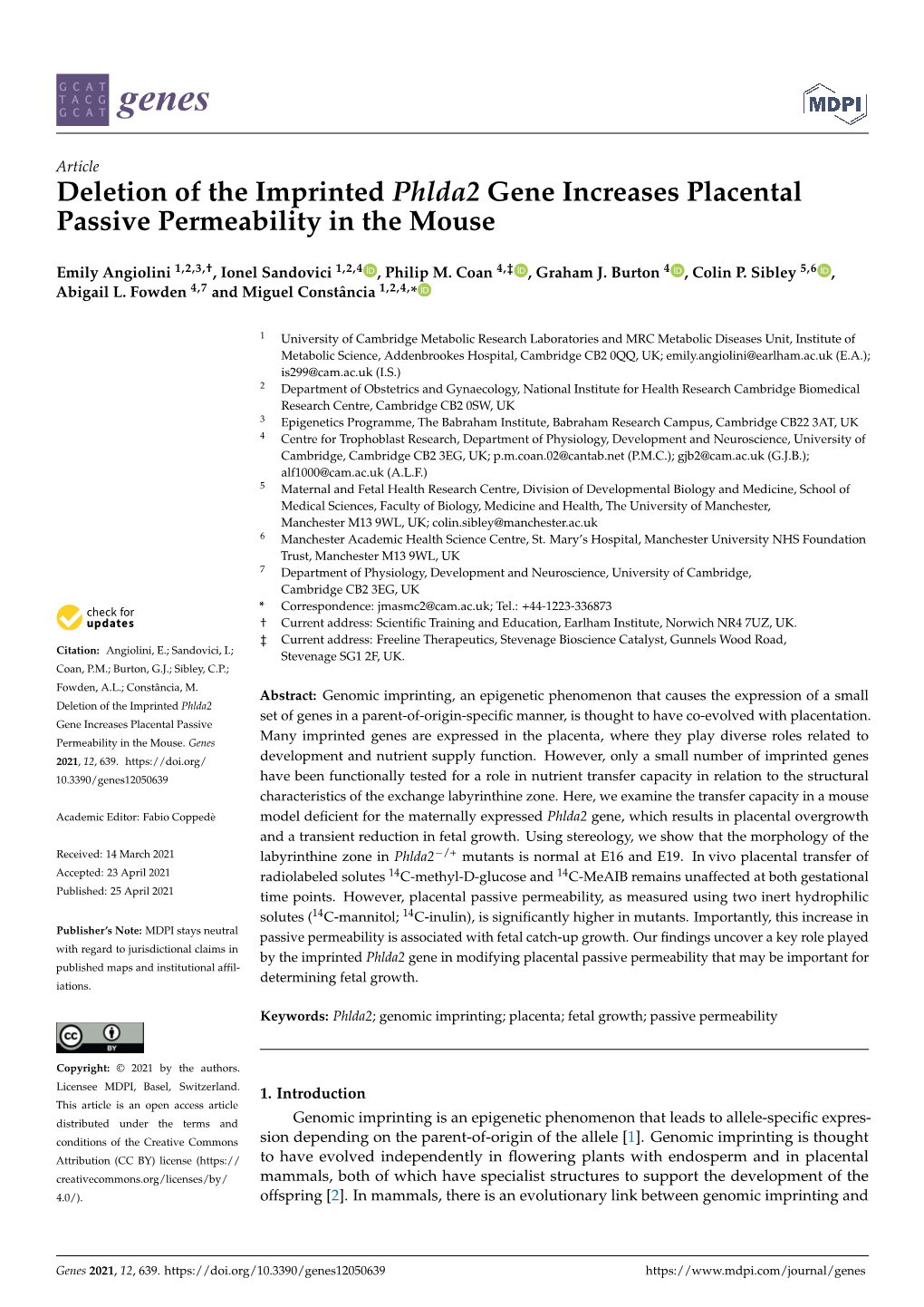 Deletion of the Imprinted Phlda2 Gene Increases Placental Passive Permeability in the Mouse