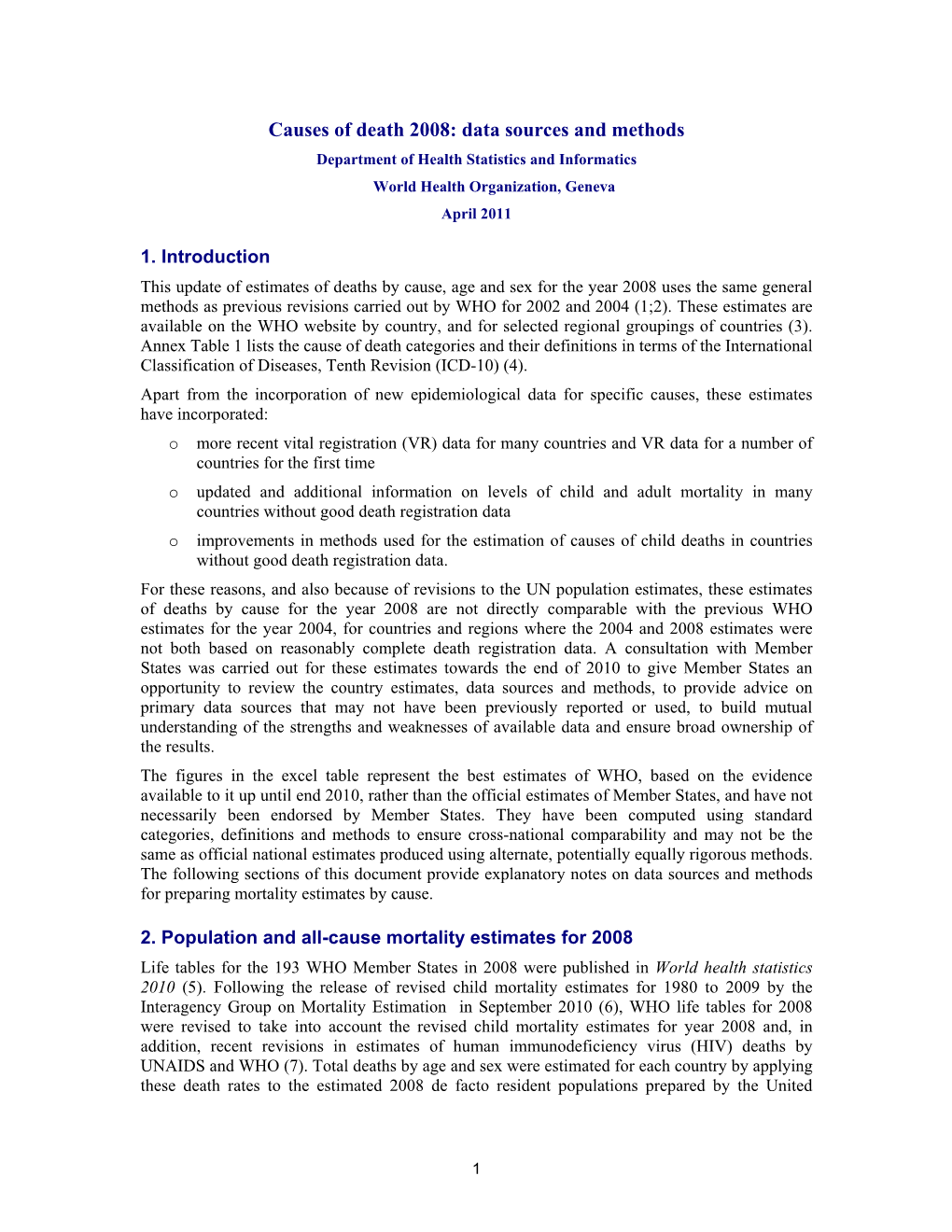 Causes of Death 2008: Data Sources and Methods Department of Health Statistics and Informatics World Health Organization, Geneva April 2011