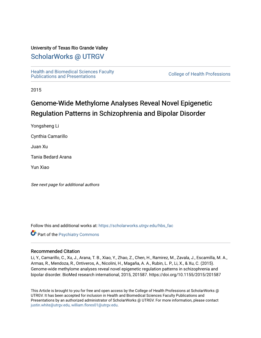 Genome-Wide Methylome Analyses Reveal Novel Epigenetic Regulation Patterns in Schizophrenia and Bipolar Disorder