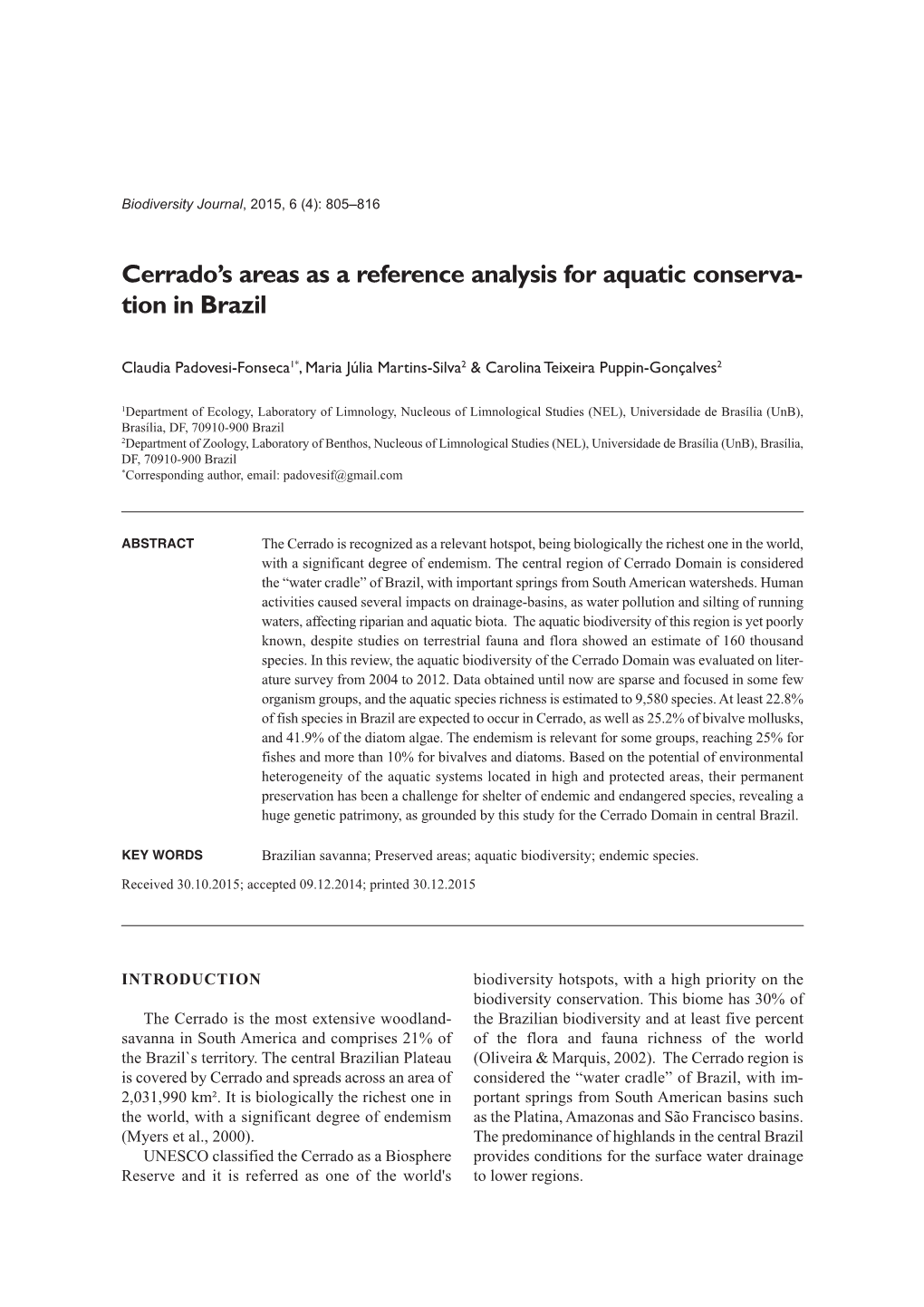 Cerrado's Areas As a Reference Analysis For